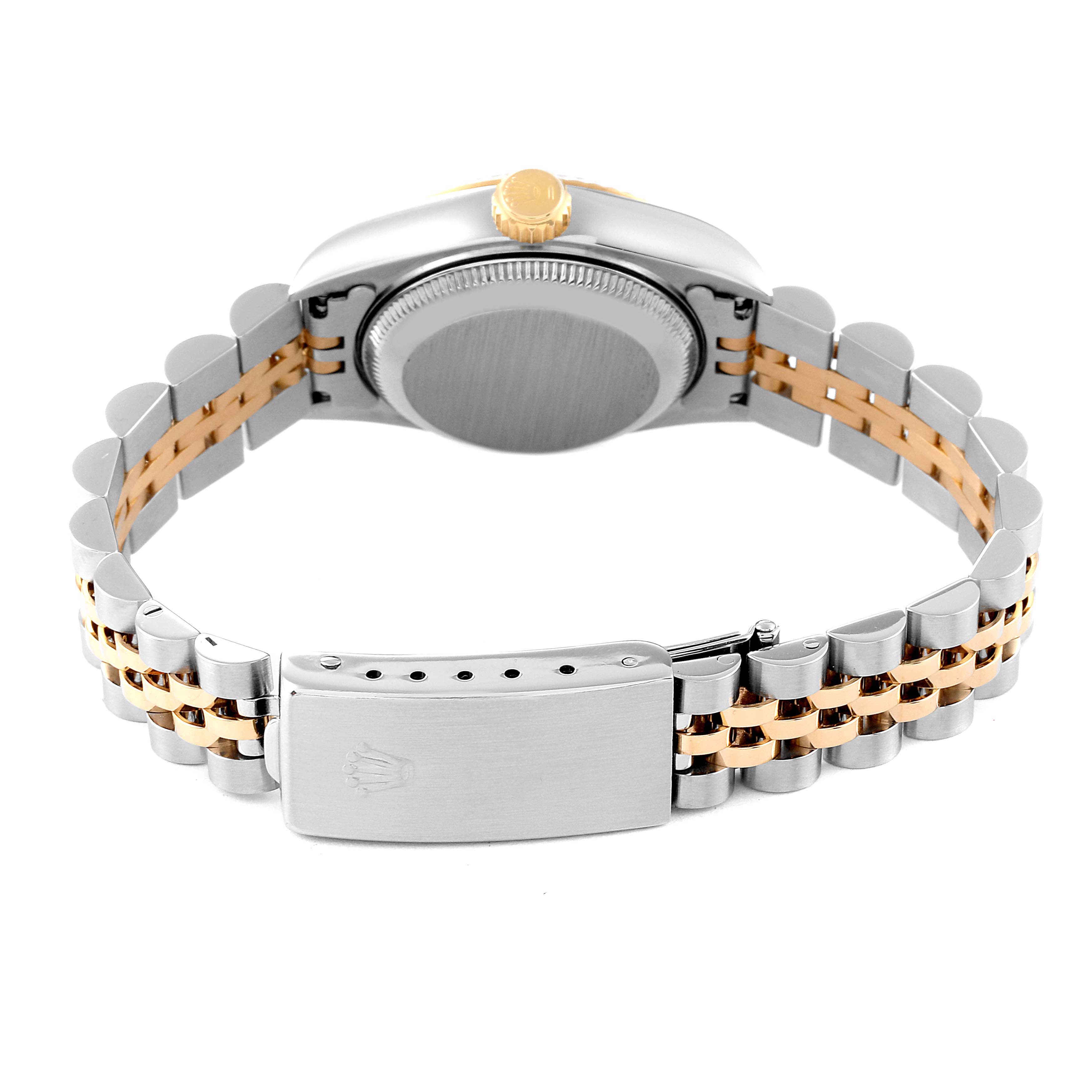 This image shows the back and clasp of a Rolex Datejust 69173 Women's Steel and Gold (two tone) Beige Dial 69173 Women's Steel and Gold (two tone) Beige Dial watch, displaying the bracelet and case-back.