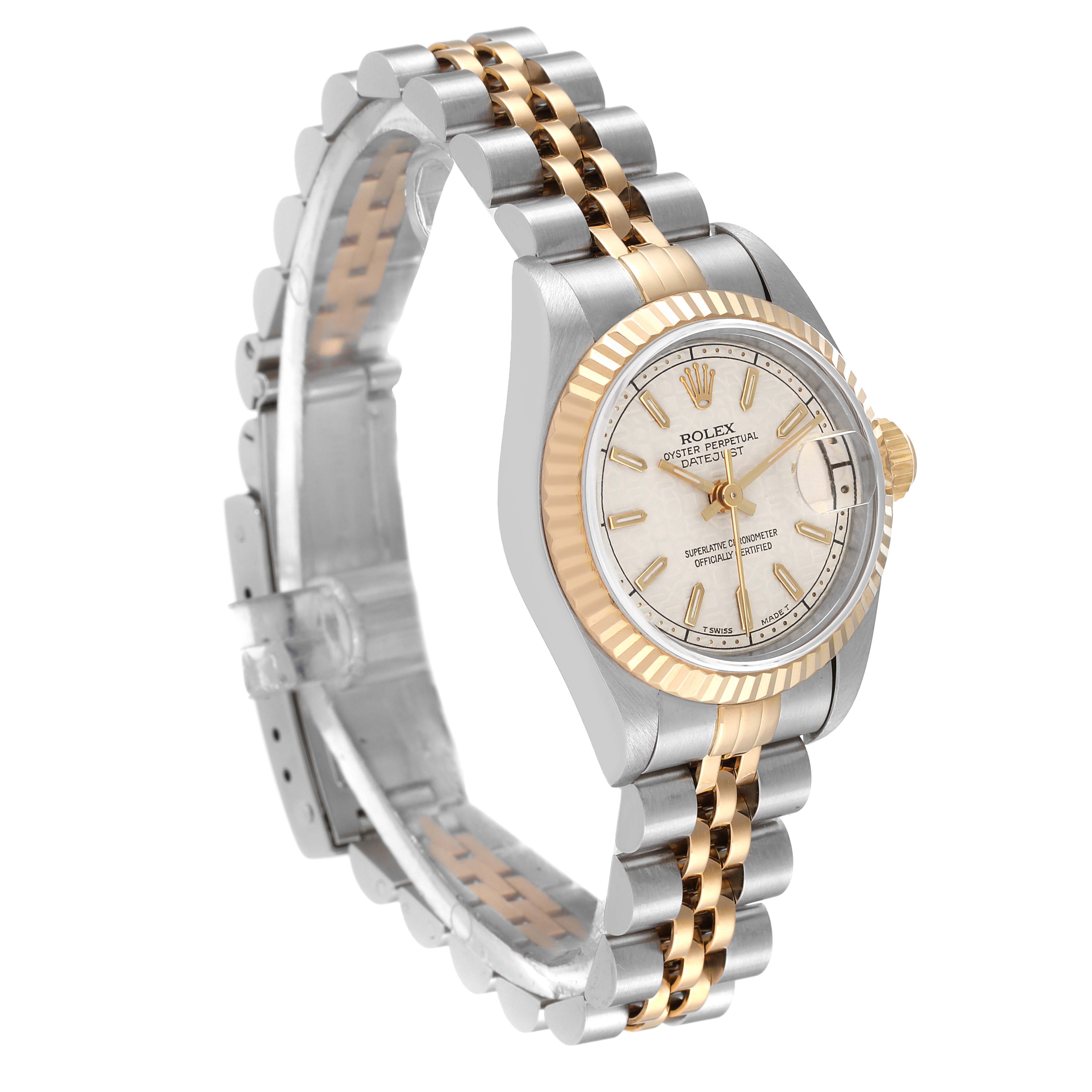 The image shows a Rolex Datejust 69173 Women's Steel and Gold (two tone) Beige Dial 69173 Women's Steel and Gold (two tone) Beige Dial watch angled slightly to the side, displaying its two-tone bracelet and dial.