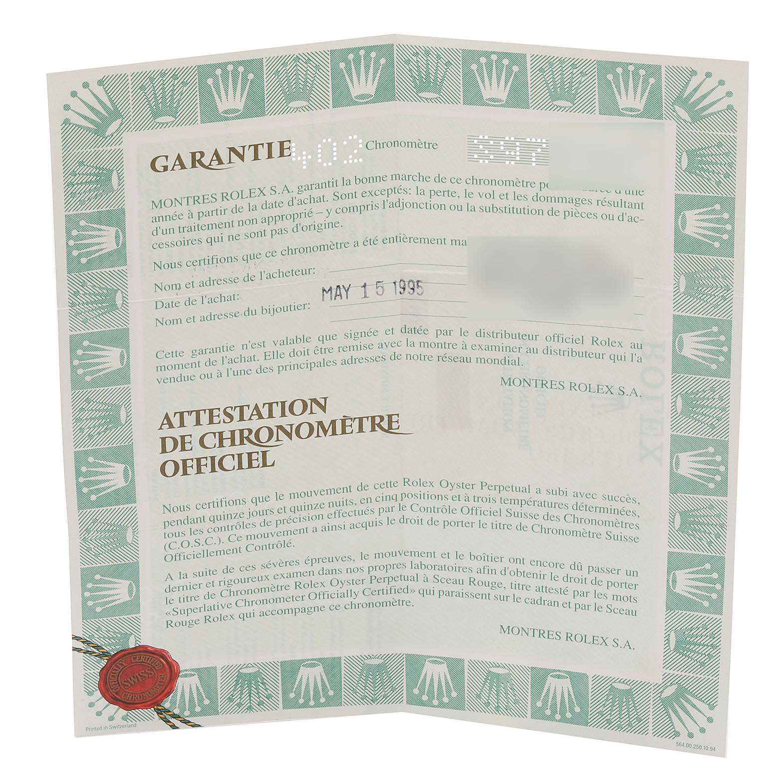 This image shows the warranty certificate and official chronometer certification for a Rolex Datejust 69173 Women's Steel and Gold (two tone) Beige Dial 69173 Women's Steel and Gold (two tone) Beige Dial watch.