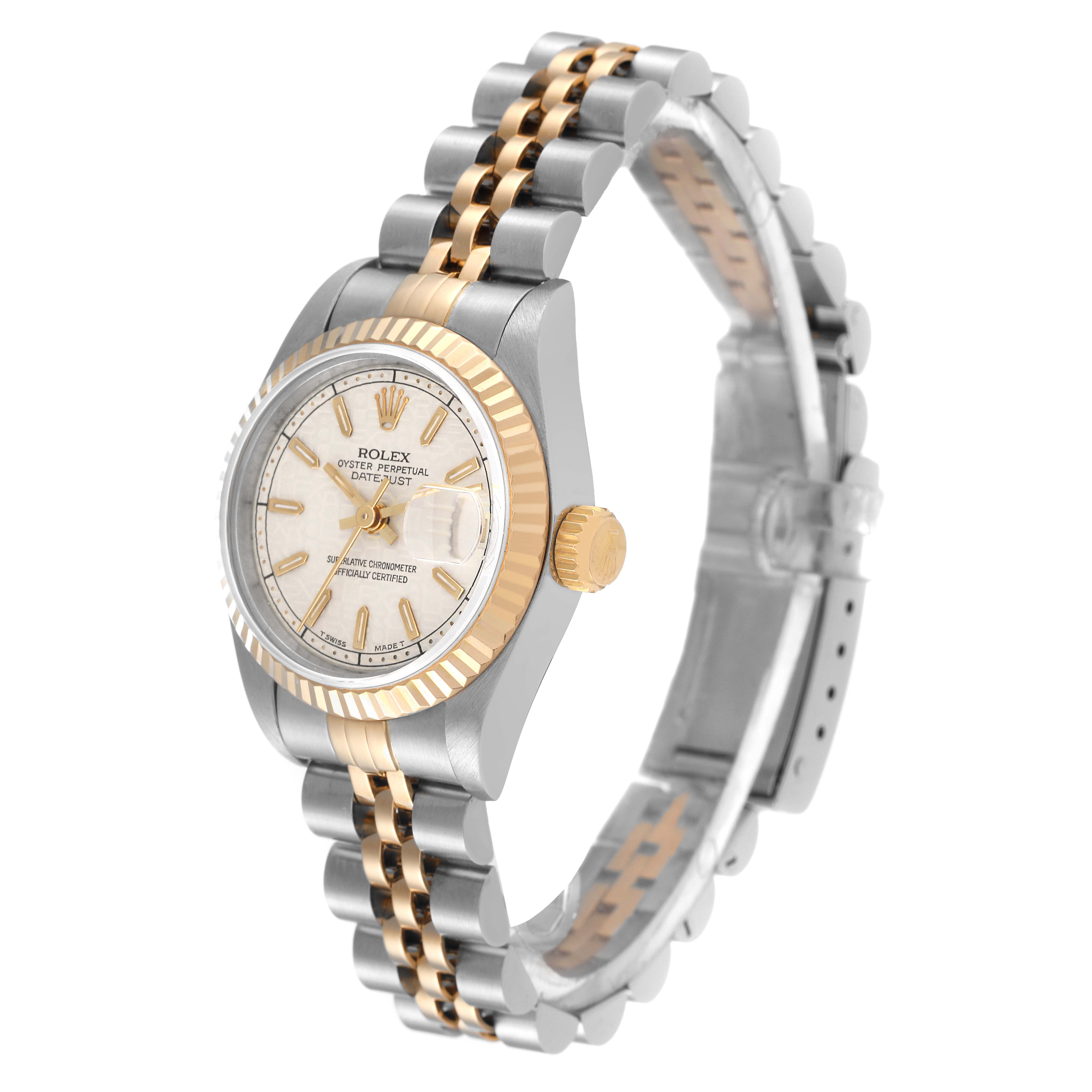 The image shows a Rolex Datejust 69173 Women's Steel and Gold (two tone) Beige Dial 69173 Women's Steel and Gold (two tone) Beige Dial watch at an angle, highlighting its gold and silver band, face, and bezel.