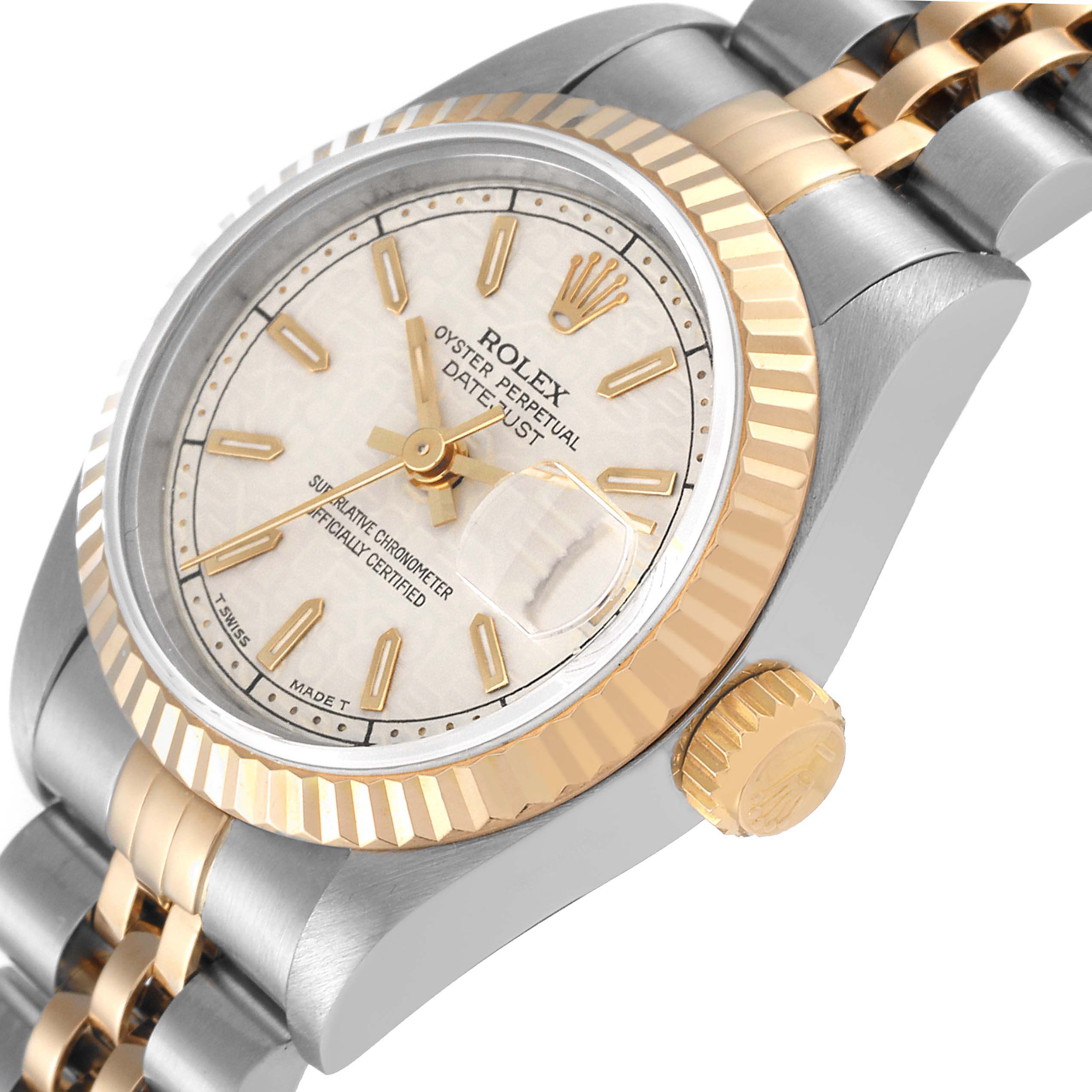 The image shows a Rolex Datejust 69173 Women's Steel and Gold (two tone) Beige Dial 69173 Women's Steel and Gold (two tone) Beige Dial watch at a slight angle, highlighting its face, bezel, crown, and part of the bracelet.
