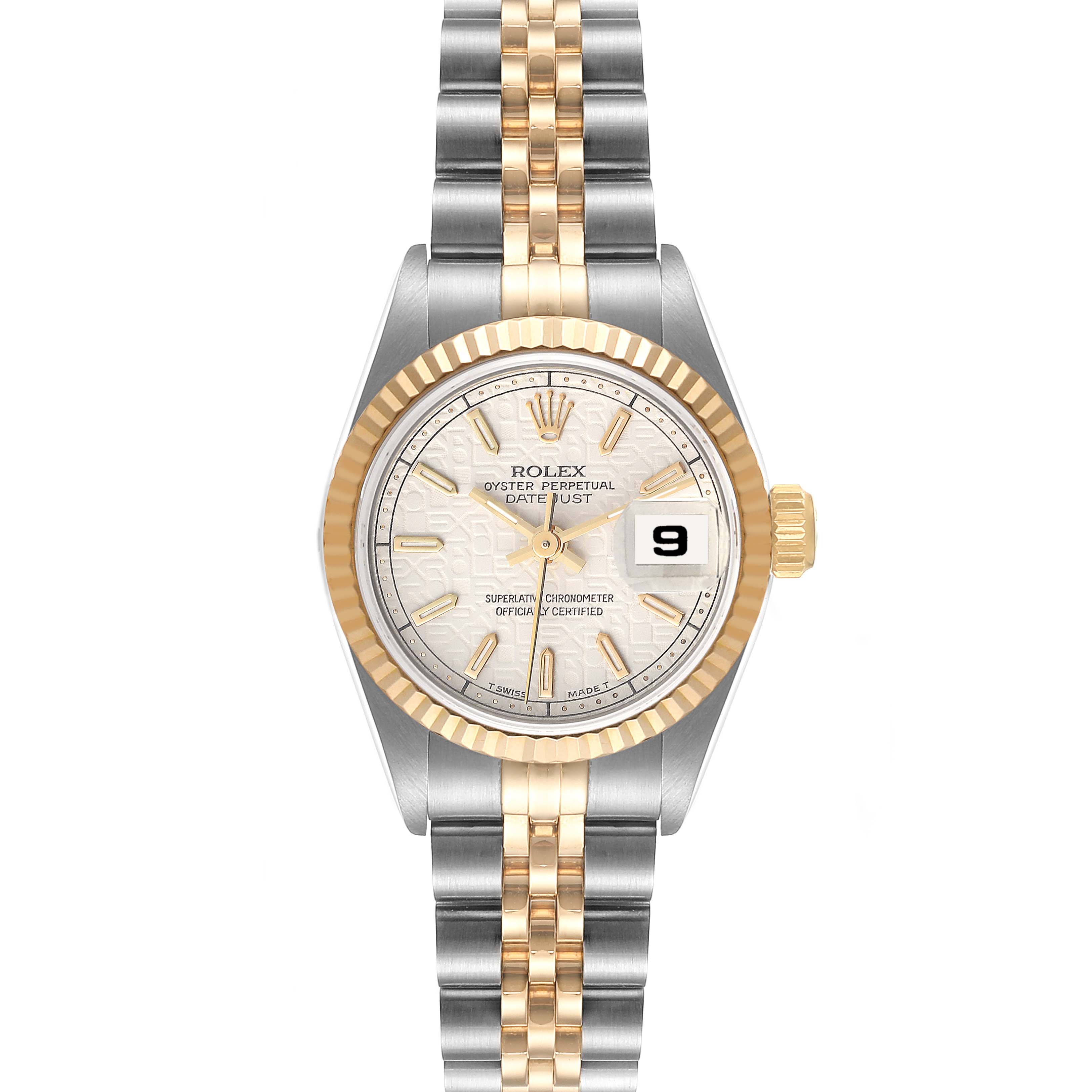 This image shows the front view of a Rolex Datejust 69173 Women's Steel and Gold (two tone) Beige Dial 69173 Women's Steel and Gold (two tone) Beige Dial watch, highlighting the dial, bezel, and bracelet.