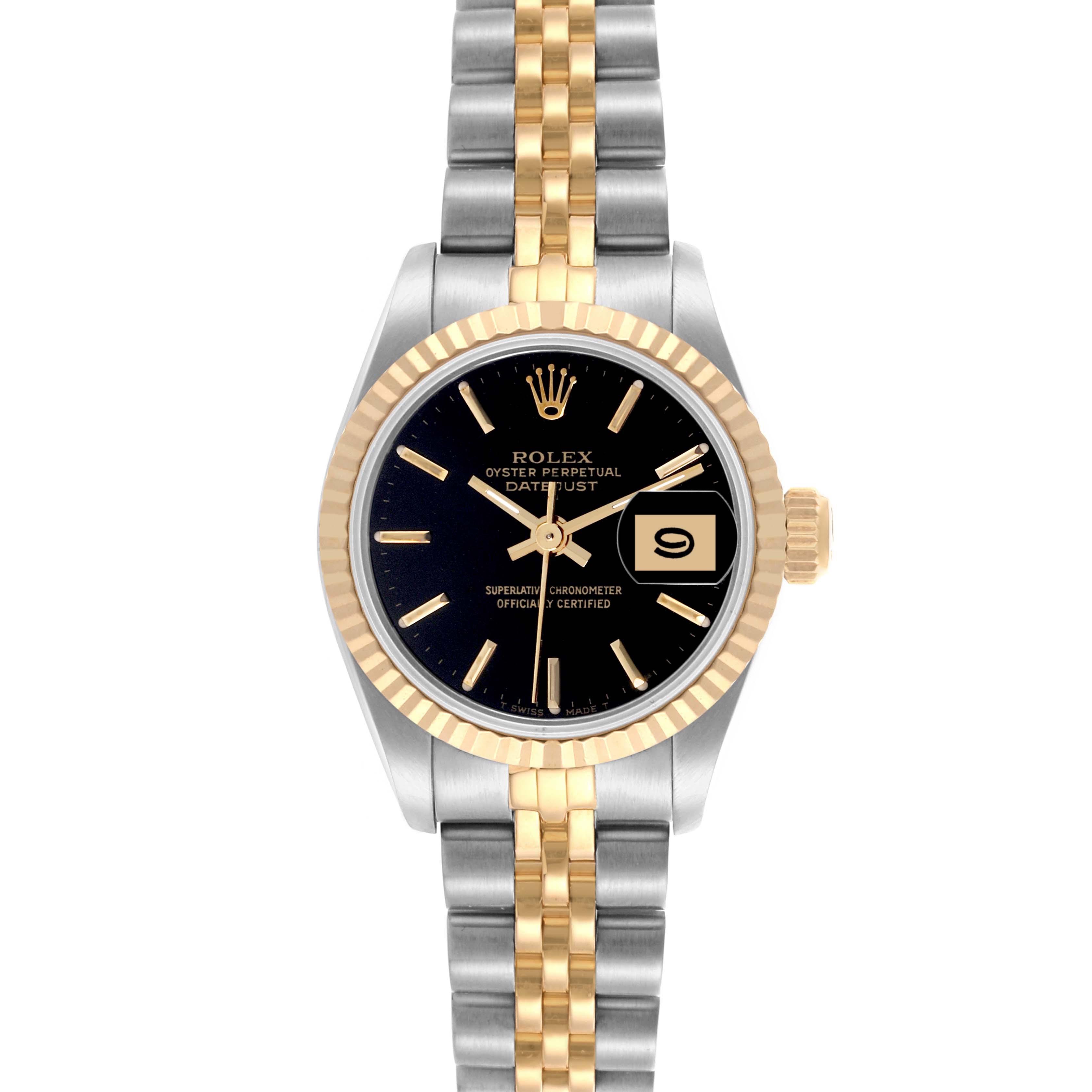 The Rolex Datejust 69173 Women's Steel and Gold (two tone) Black Dial 69173 Women's Steel and Gold (two tone) Black Dial watch is shown from the front, highlighting the dial, bezel, and two-tone bracelet.