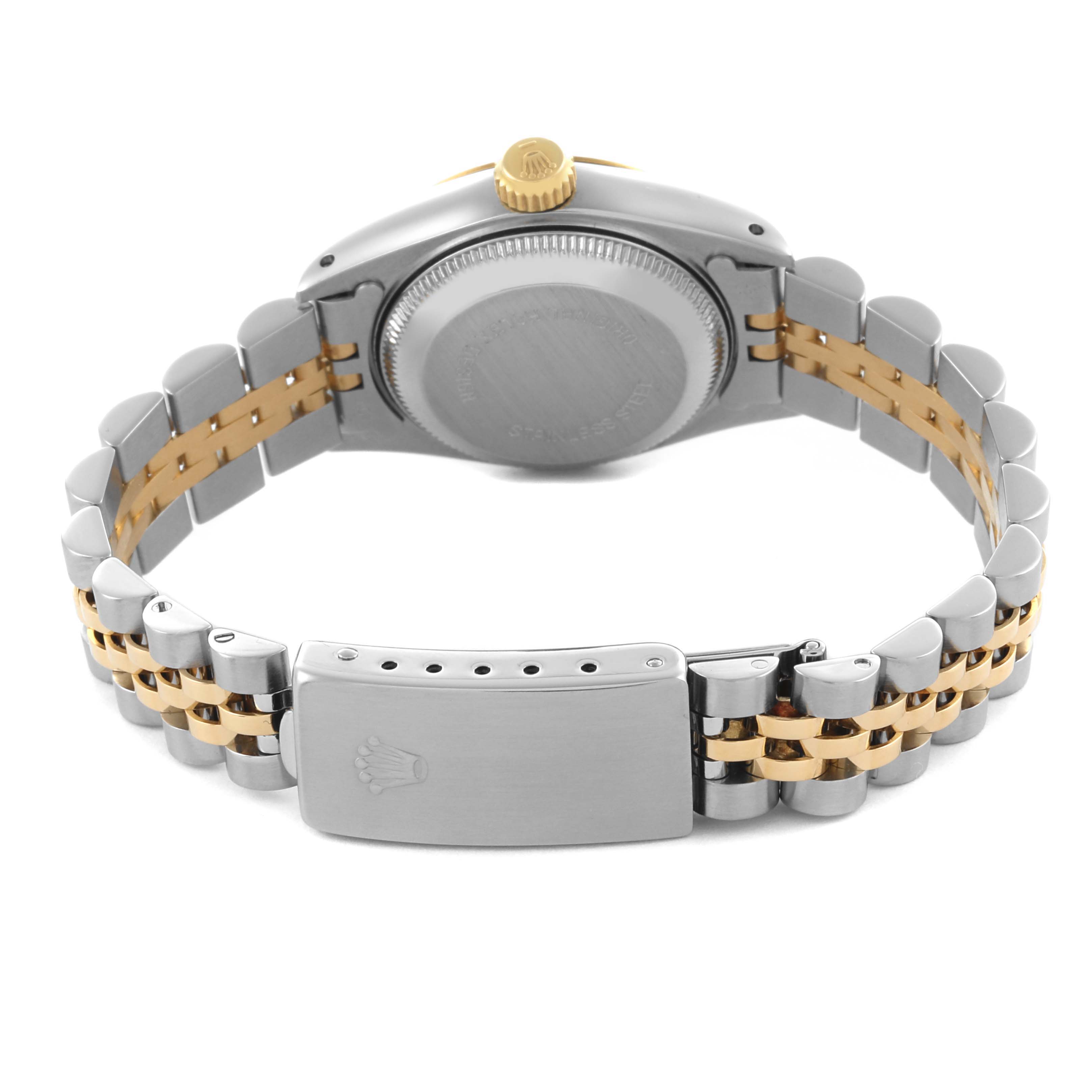 This image shows the back view of a Rolex Datejust 69173 Women's Steel and Gold (two tone) Black Dial 69173 Women's Steel and Gold (two tone) Black Dial watch, highlighting its case back and bracelet clasp.