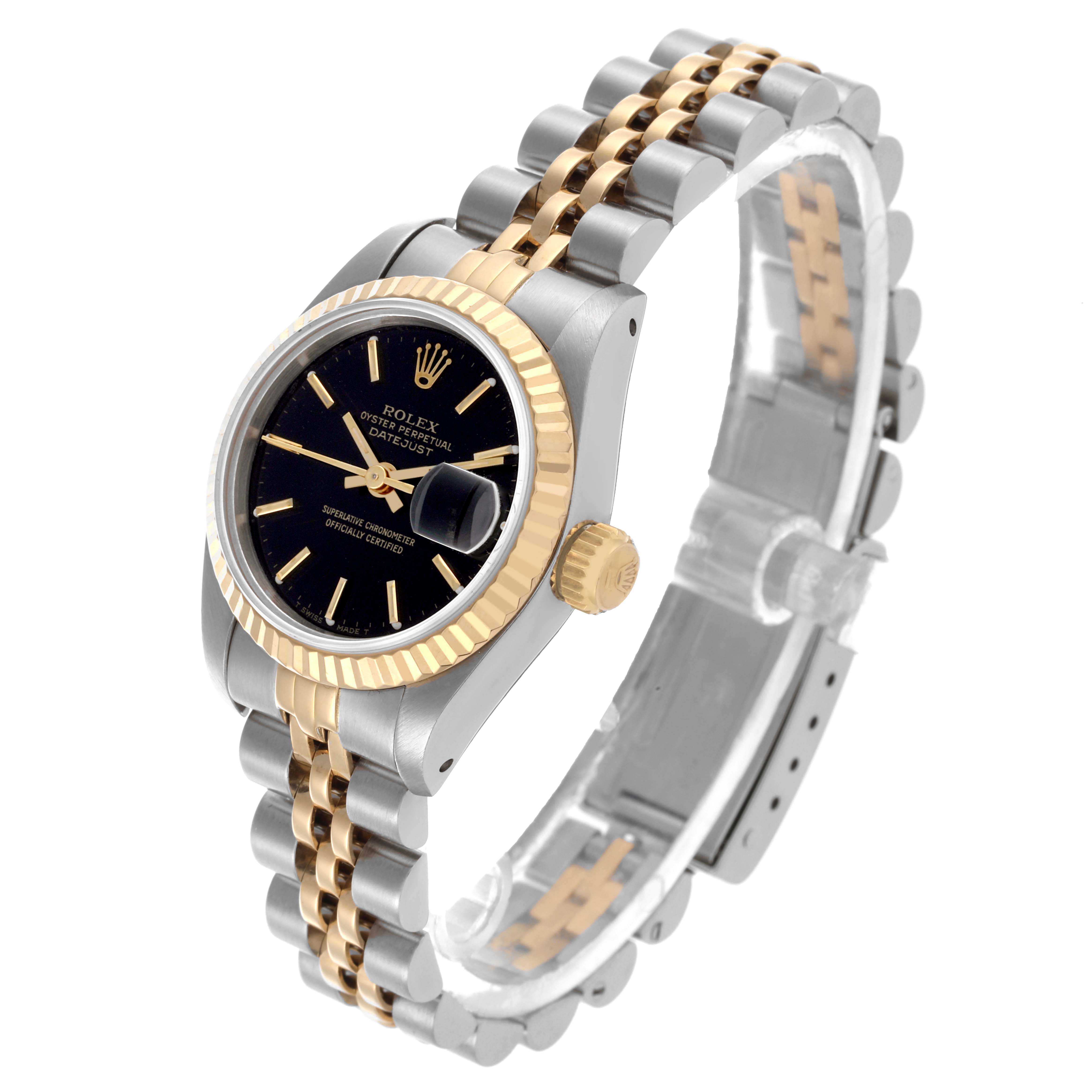 The Rolex Datejust 69173 Women's Steel and Gold (two tone) Black Dial 69173 Women's Steel and Gold (two tone) Black Dial watch is shown at a three-quarter angle, highlighting the dial, bezel, crown, and Jubilee bracelet.