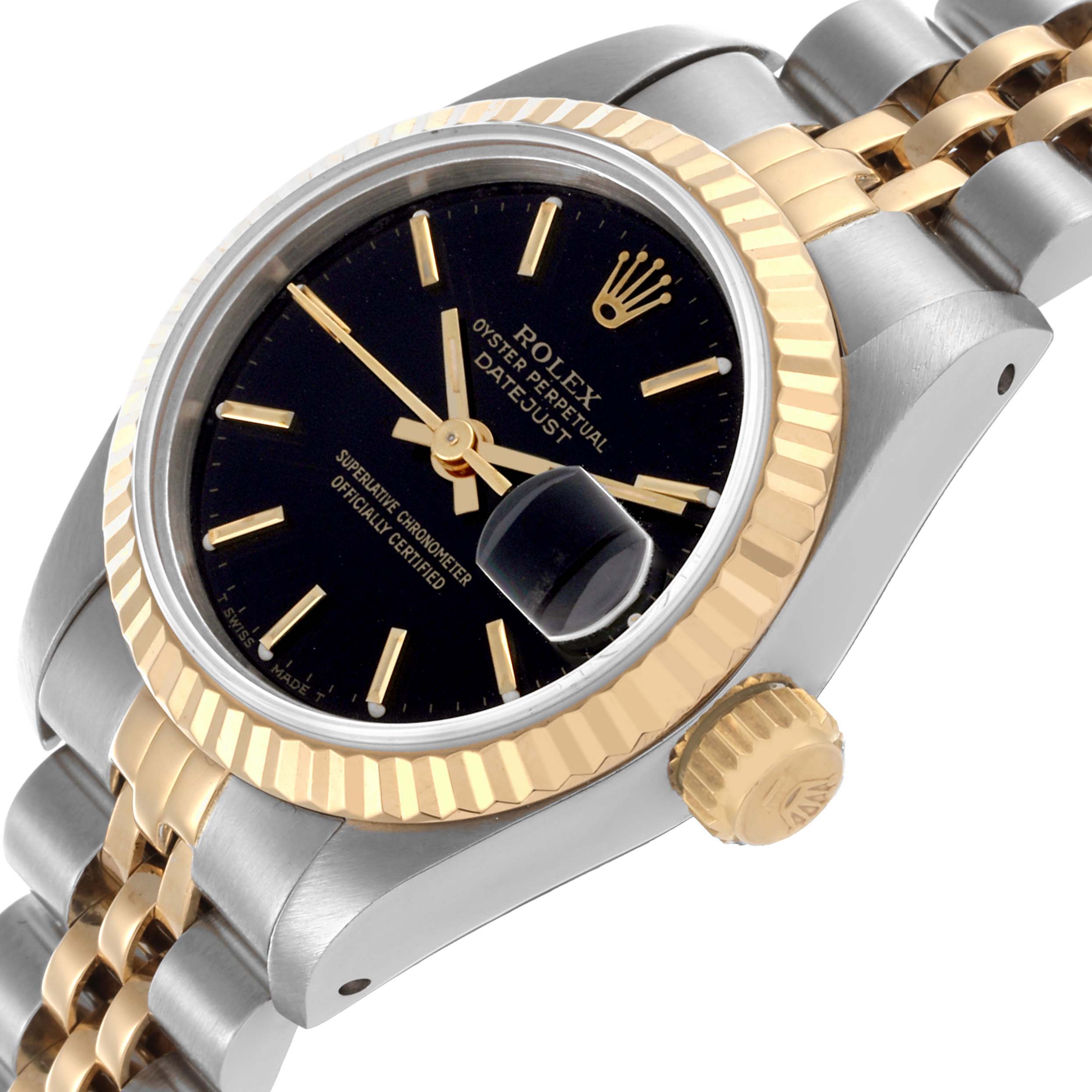 The image shows a close-up side angle of the Rolex Datejust 69173 Women's Steel and Gold (two tone) Black Dial 69173 Women's Steel and Gold (two tone) Black Dial, highlighting the bezel, crown, dial, and bracelet.