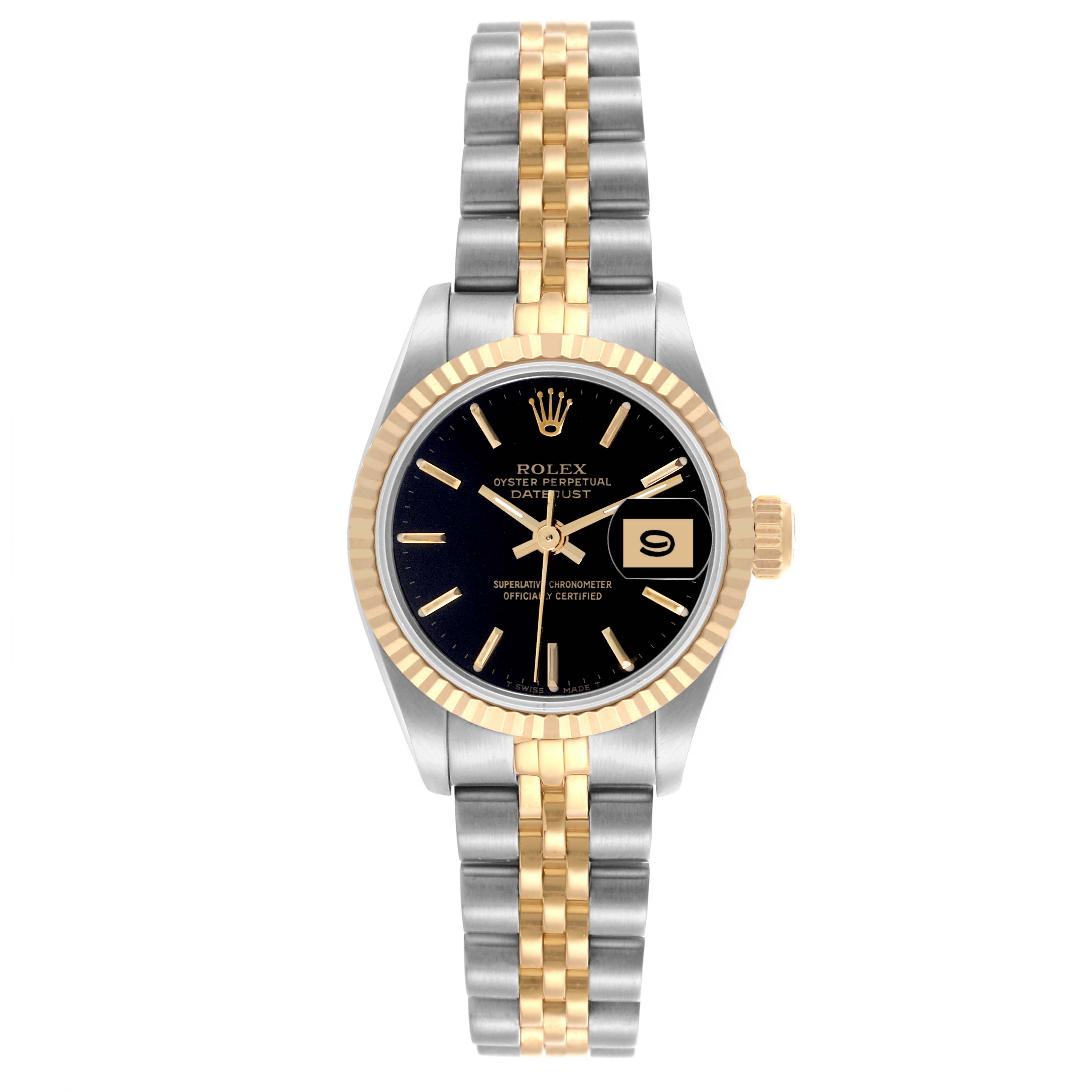 The Rolex Datejust 69173 Women's Steel and Gold (two tone) Black Dial 69173 Women's Steel and Gold (two tone) Black Dial watch is shown from the front, displaying its dial, bezel, and two-tone bracelet.