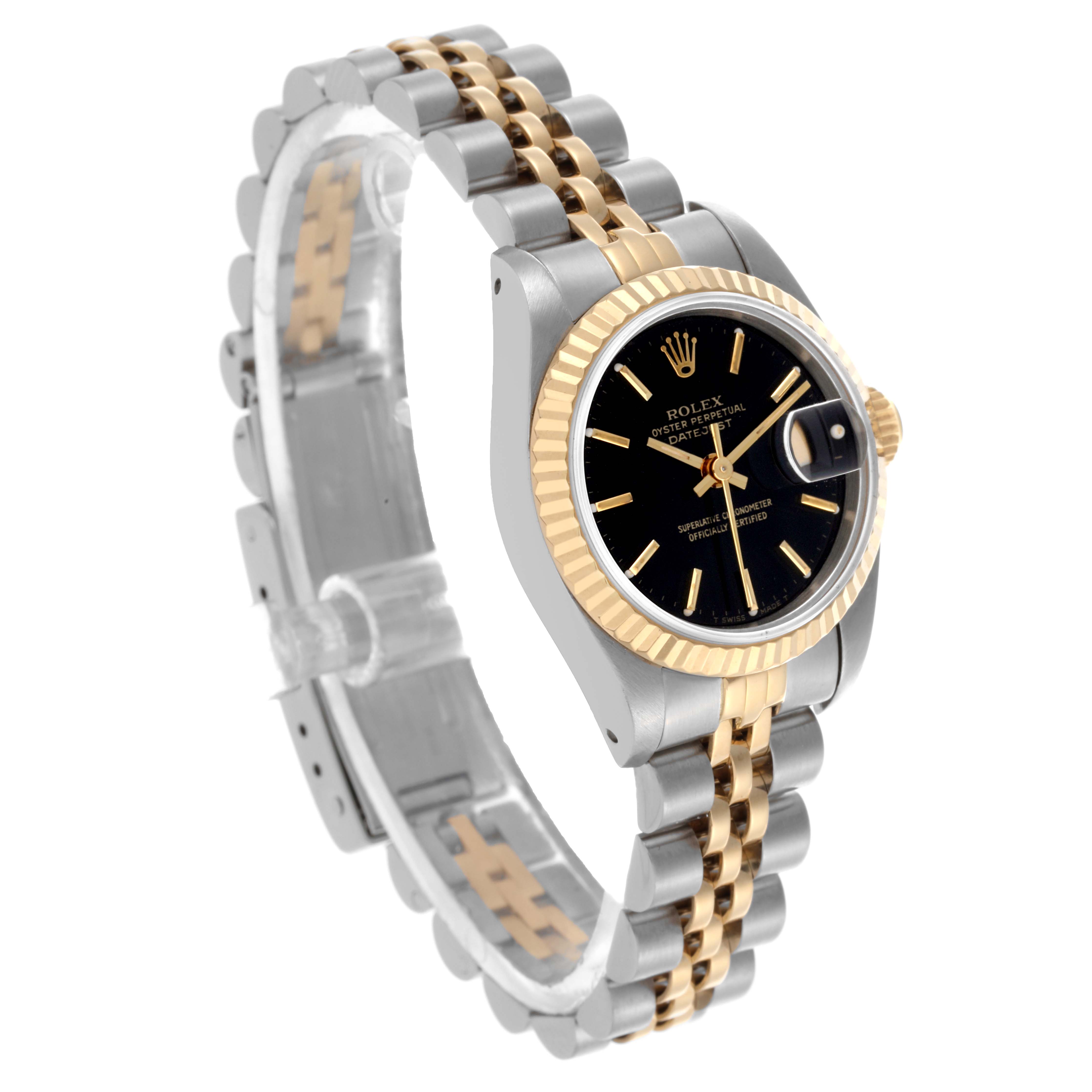 The Rolex Datejust 69173 Women's Steel and Gold (two tone) Black Dial 69173 Women's Steel and Gold (two tone) Black Dial watch is shown at a three-quarter angle, highlighting the face, bezel, and bracelet.