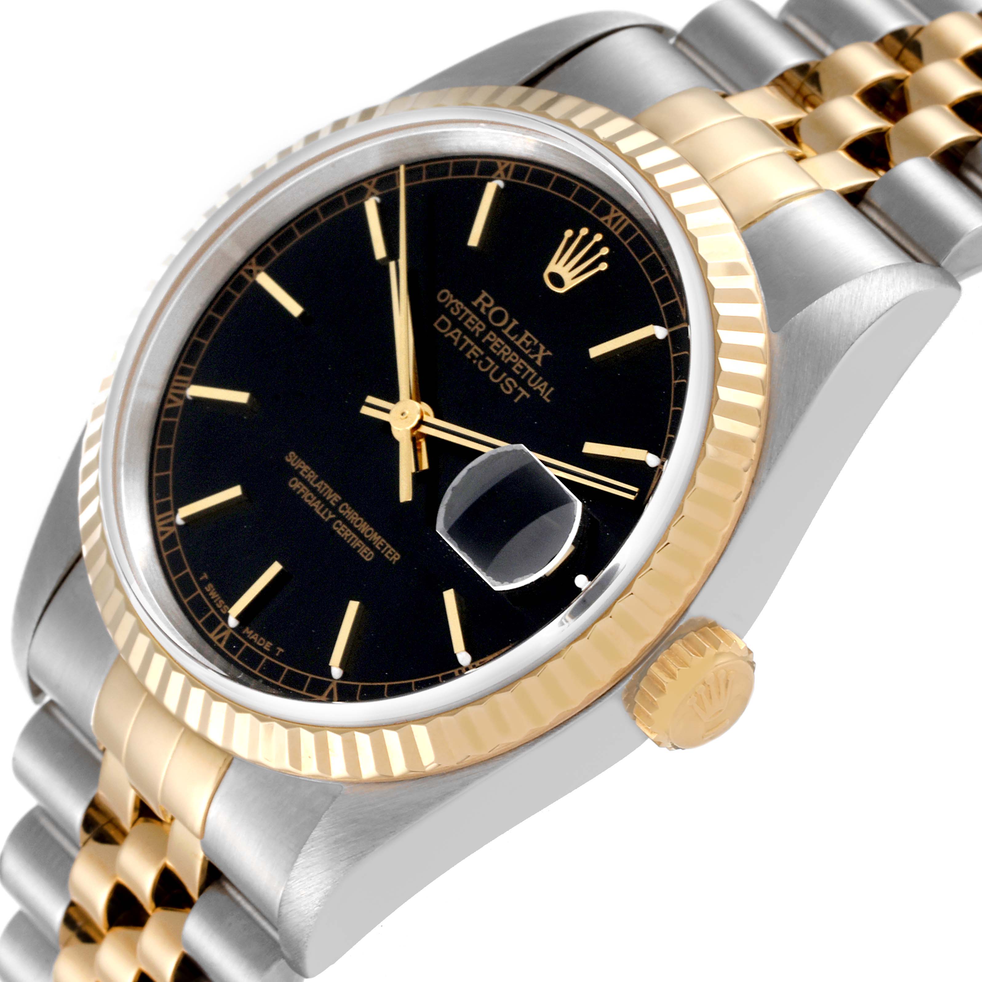 This image shows a Rolex Datejust 16233 Men's Steel and Gold (two tone) Black Dial 16233 Men's Steel and Gold (two tone) Black Dial watch at an angled side view, highlighting its bezel, crown, and part of its bracelet.