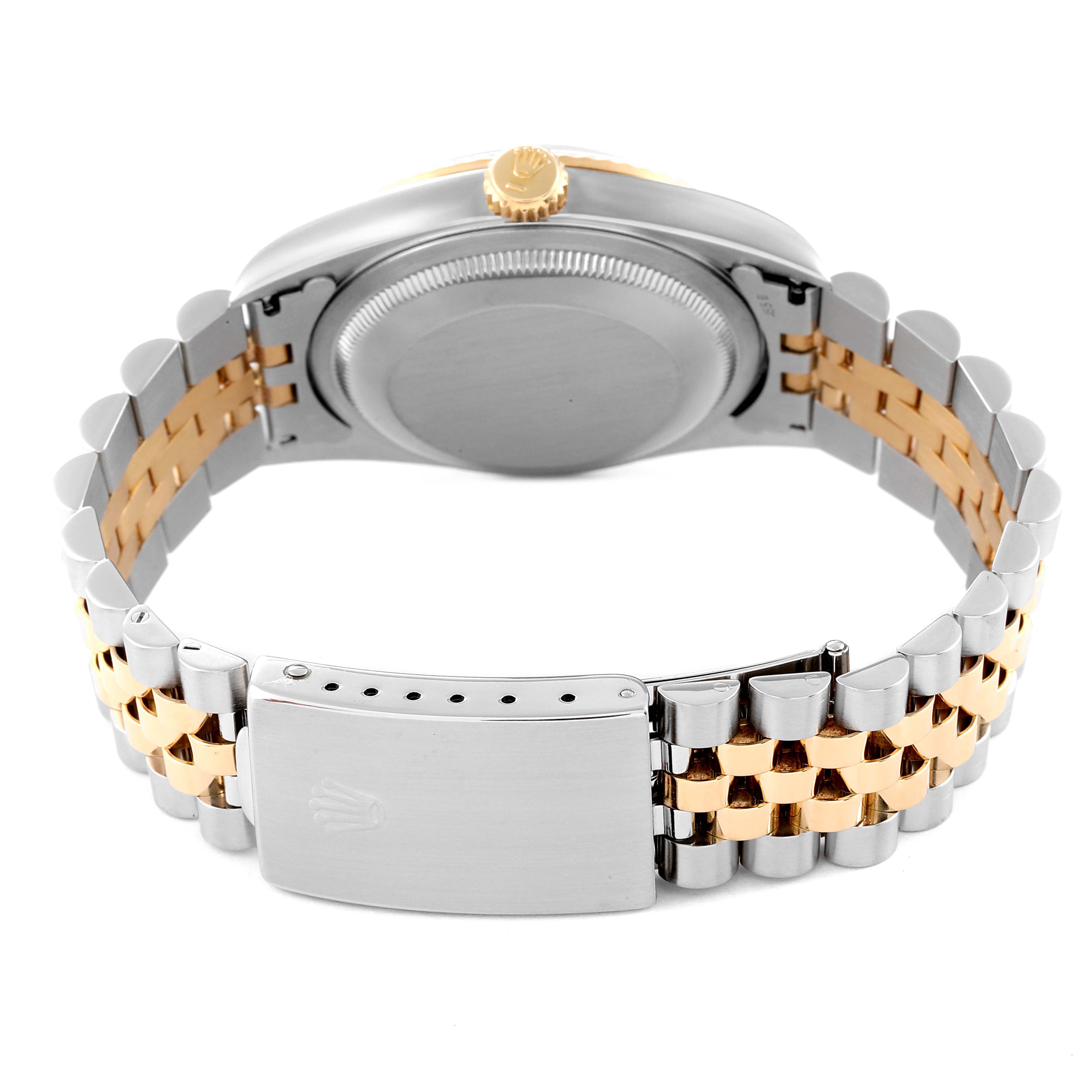 The image shows the back and bracelet of a Rolex Datejust 16233 Men's Steel and Gold (two tone) Black Dial 16233 Men's Steel and Gold (two tone) Black Dial watch, featuring a two-tone stainless steel and gold jubilee bracelet.