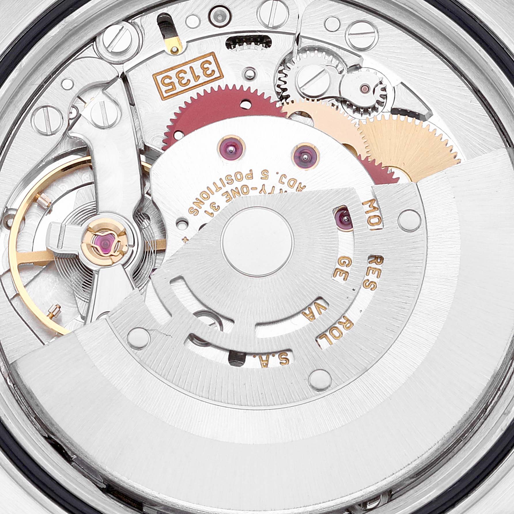 This image shows an up-close view of the inner mechanism and movement of a Rolex Datejust 16233 Men's Steel and Gold (two tone) Black Dial 16233 Men's Steel and Gold (two tone) Black Dial watch, highlighting gears and components.