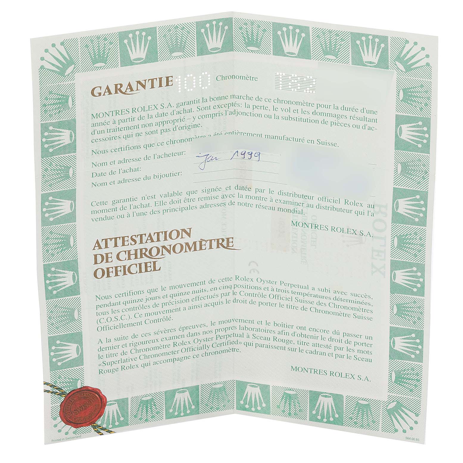 This image shows a Rolex Datejust 16233 Men's Steel and Gold (two tone) Black Dial 16233 Men's Steel and Gold (two tone) Black Dial warranty certificate and official chronometer certification document.