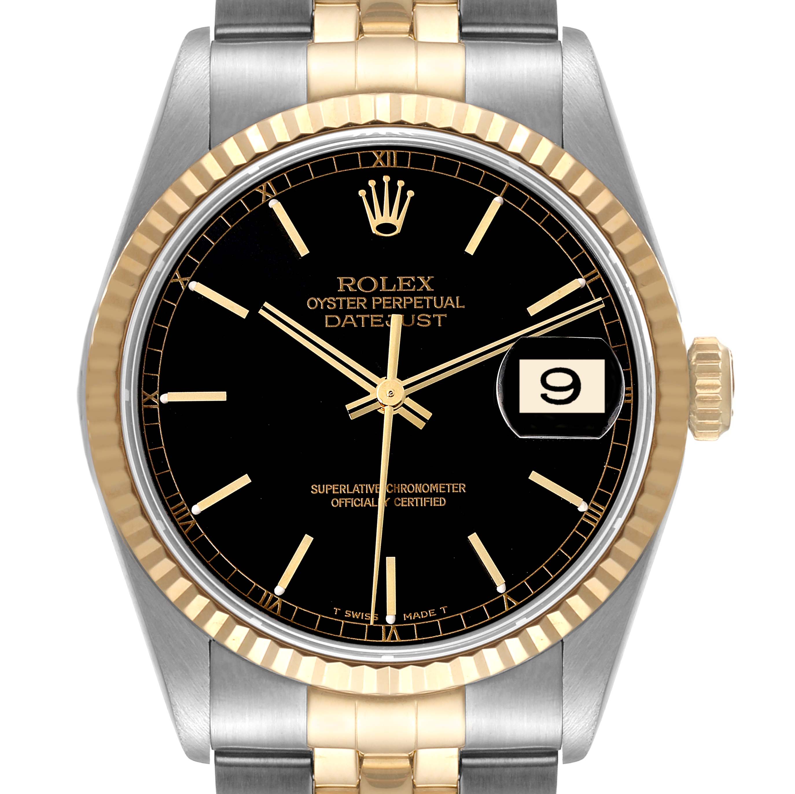 This image shows the Rolex Datejust 16233 Men's Steel and Gold (two tone) Black Dial 16233 Men's Steel and Gold (two tone) Black Dial watch from the front, highlighting its dial, bezel, and portion of the bracelet.