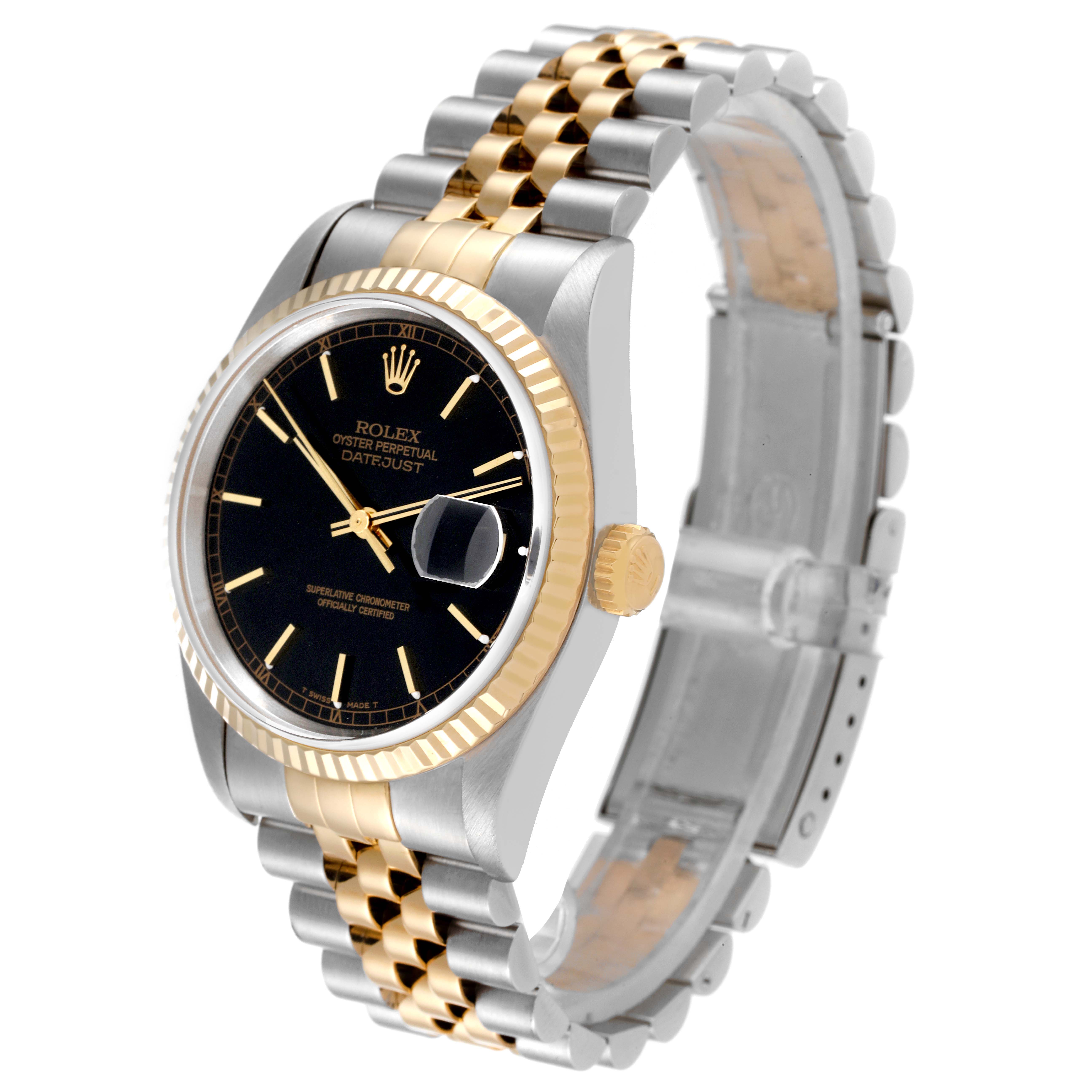 The Rolex Datejust 16233 Men's Steel and Gold (two tone) Black Dial 16233 Men's Steel and Gold (two tone) Black Dial watch is shown at a 3/4 angle, highlighting its two-tone bracelet, black dial, and fluted bezel.