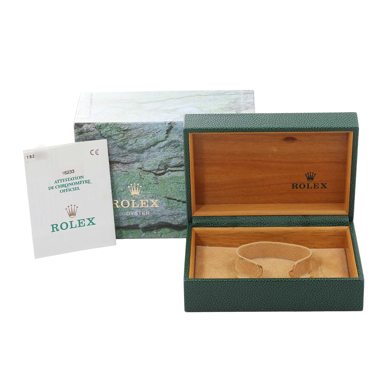 The image shows a Rolex Datejust 16233 Men's Steel and Gold (two tone) Black Dial 16233 Men's Steel and Gold (two tone) Black Dial watch box, opened to reveal the interior, along with the official chronometer certificate.