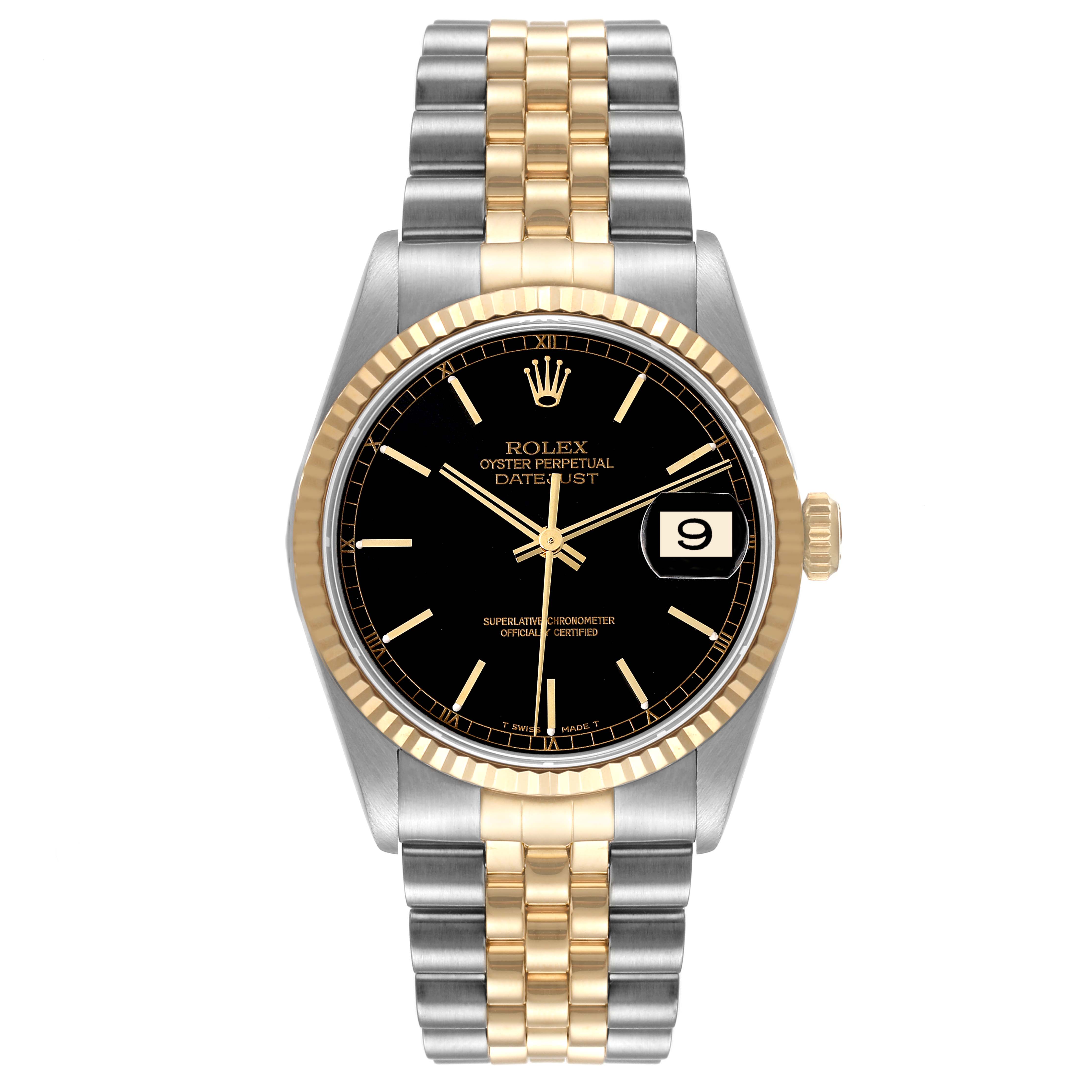 This is a front view of the Rolex Datejust 16233 Men's Steel and Gold (two tone) Black Dial 16233 Men's Steel and Gold (two tone) Black Dial watch showing the dial, bezel, crown, and bracelet.
