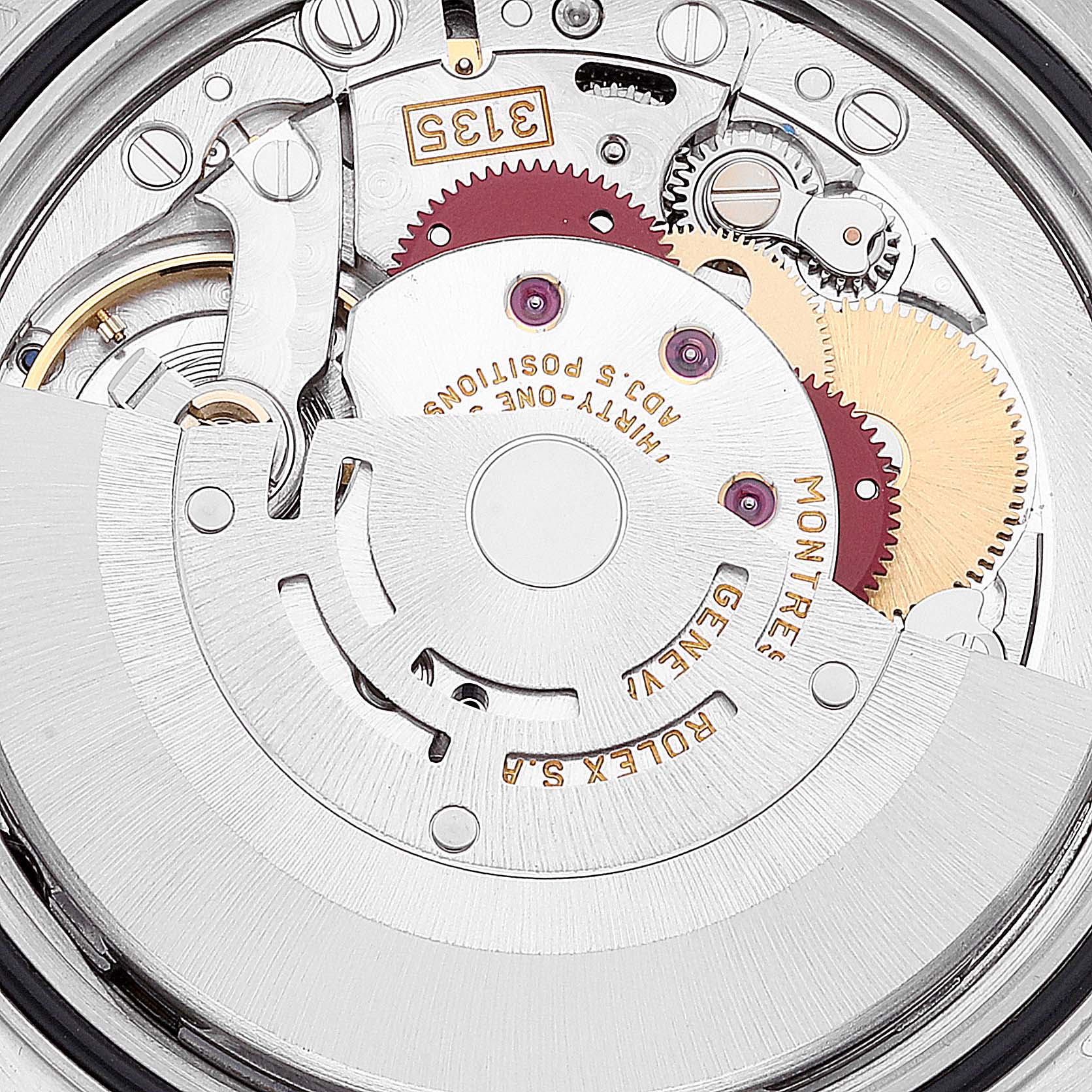 The image shows the intricate movement mechanism of the Rolex Datejust 16233 Men's Steel and Gold (two tone) Black Dial 16233 Men's Steel and Gold (two tone) Black Dial watch model, including gears and the rotor.