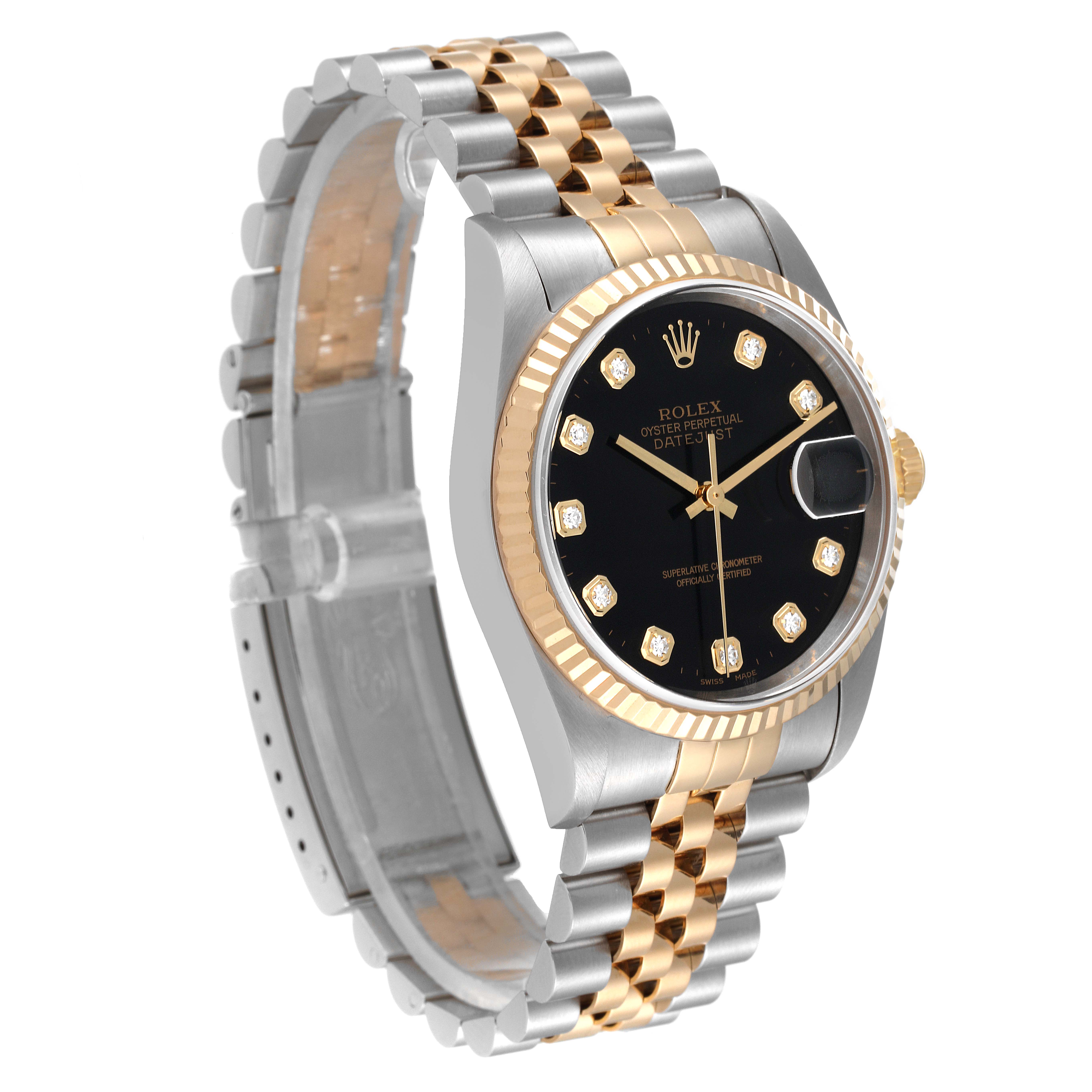 The Rolex Datejust 16233 Men's Steel and Gold (two tone) Black Dial 16233 Men's Steel and Gold (two tone) Black Dial watch is shown at an angle highlighting the bezel, black dial, diamond hour markers, and two-tone bracelet.
