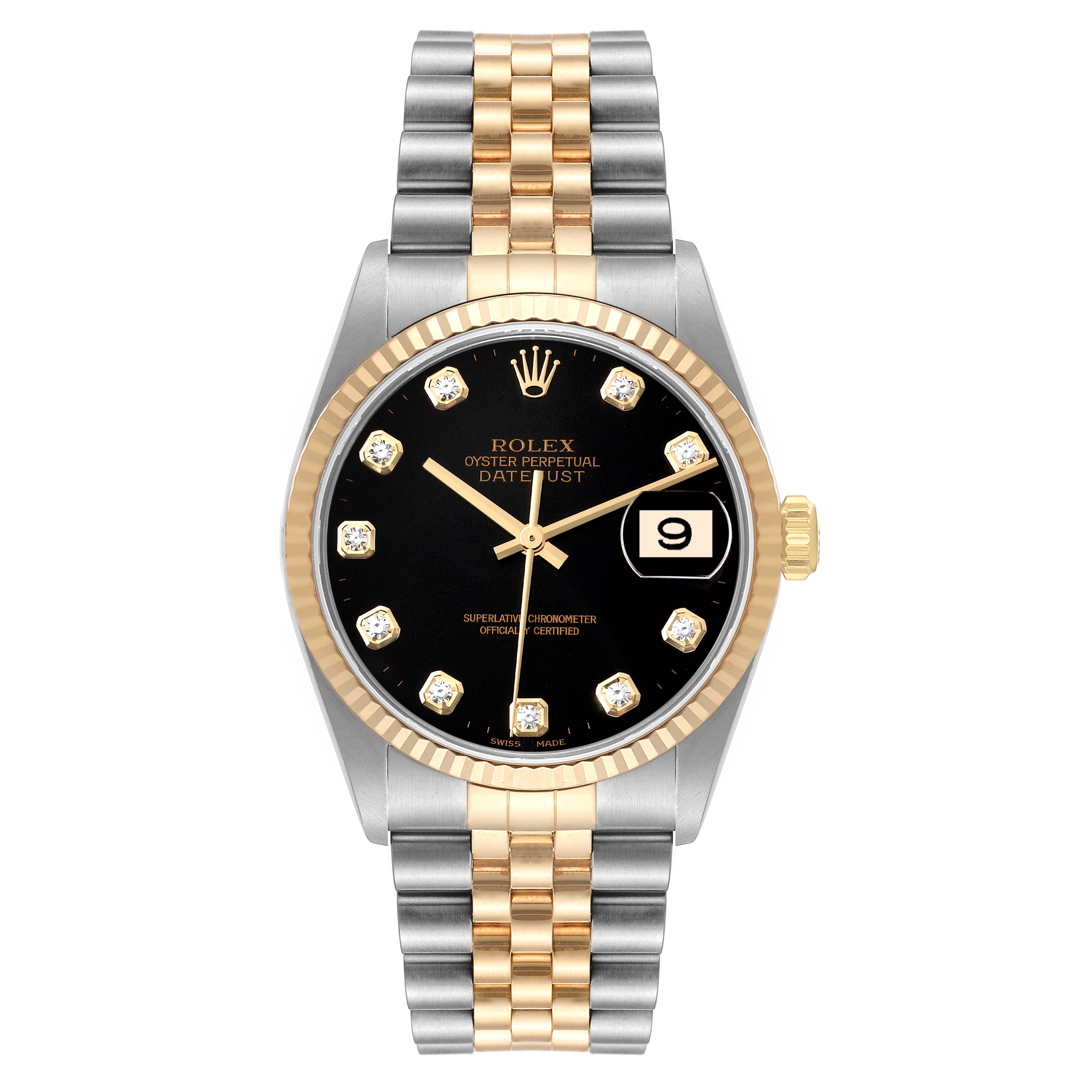 This image shows a front view of the Rolex Datejust 16233 Men's Steel and Gold (two tone) Black Dial 16233 Men's Steel and Gold (two tone) Black Dial watch, highlighting its black dial, diamond hour markers, and two-tone metal bracelet.