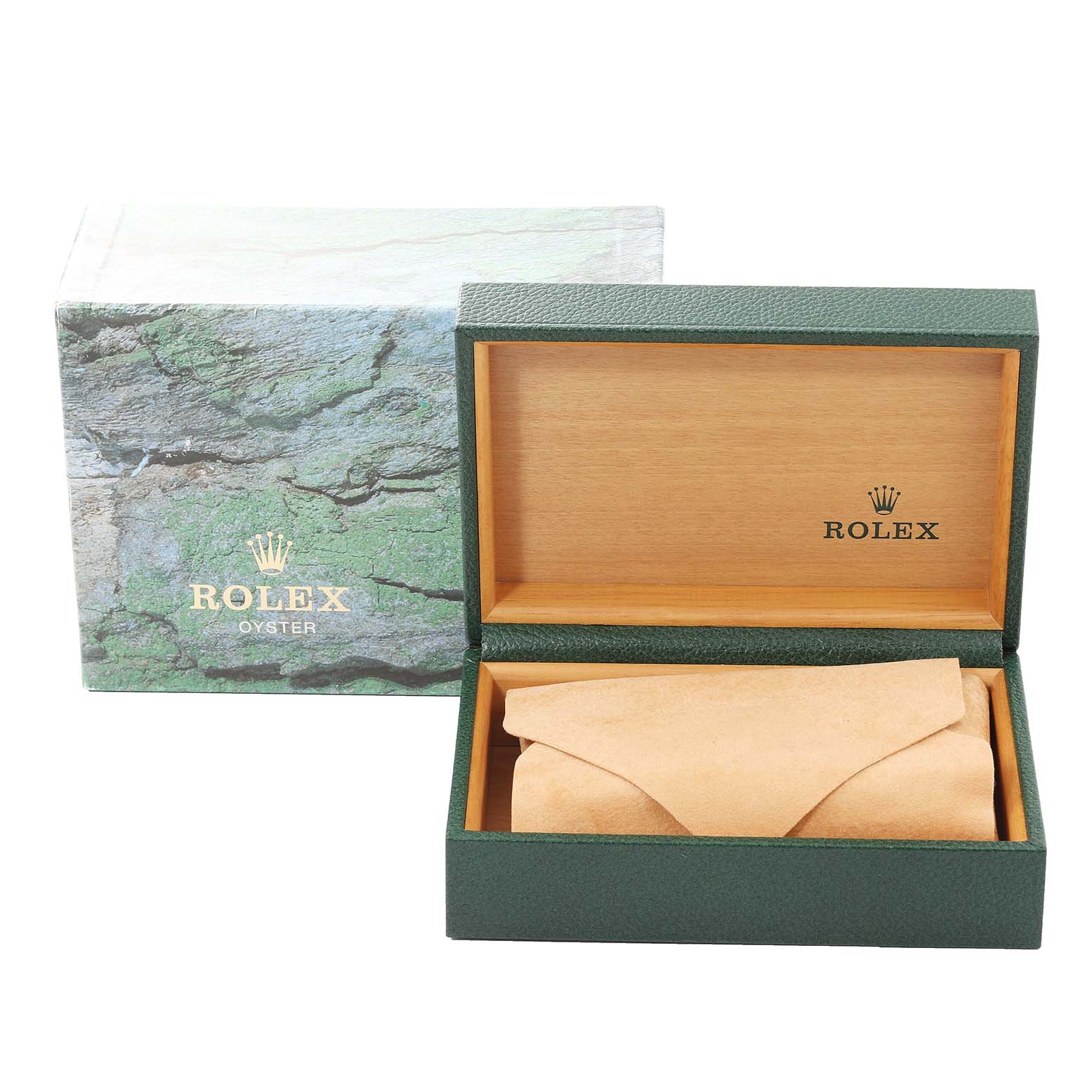 The image shows an open green Rolex Datejust 16233 Men's Steel and Gold (two tone) Black Dial 16233 Men's Steel and Gold (two tone) Black Dial watch box next to its outer box, with an inner pouch inside.