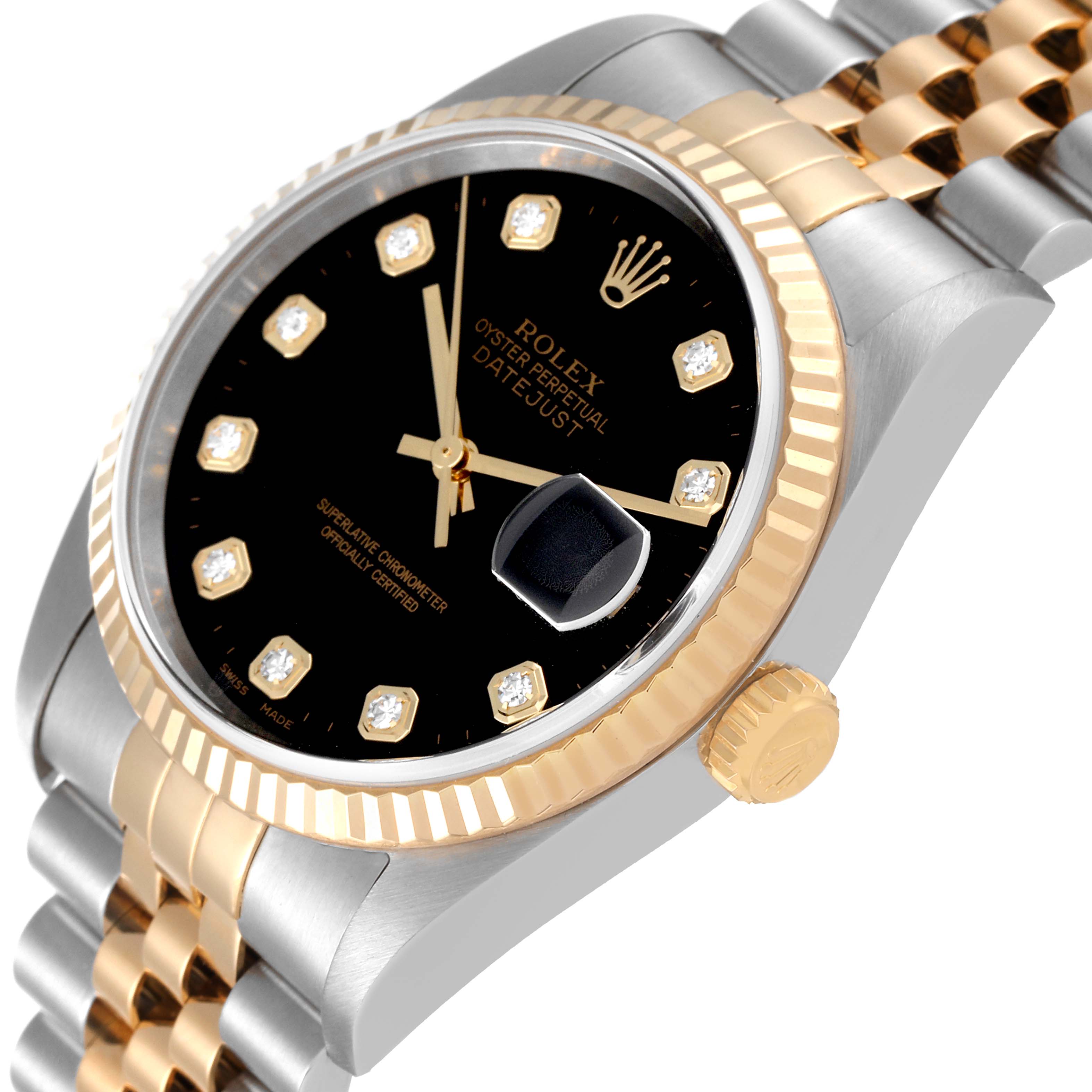 This image shows a close-up angle of the Rolex Datejust 16233 Men's Steel and Gold (two tone) Black Dial 16233 Men's Steel and Gold (two tone) Black Dial watch, highlighting its black dial, gold crown, and two-tone bracelet.
