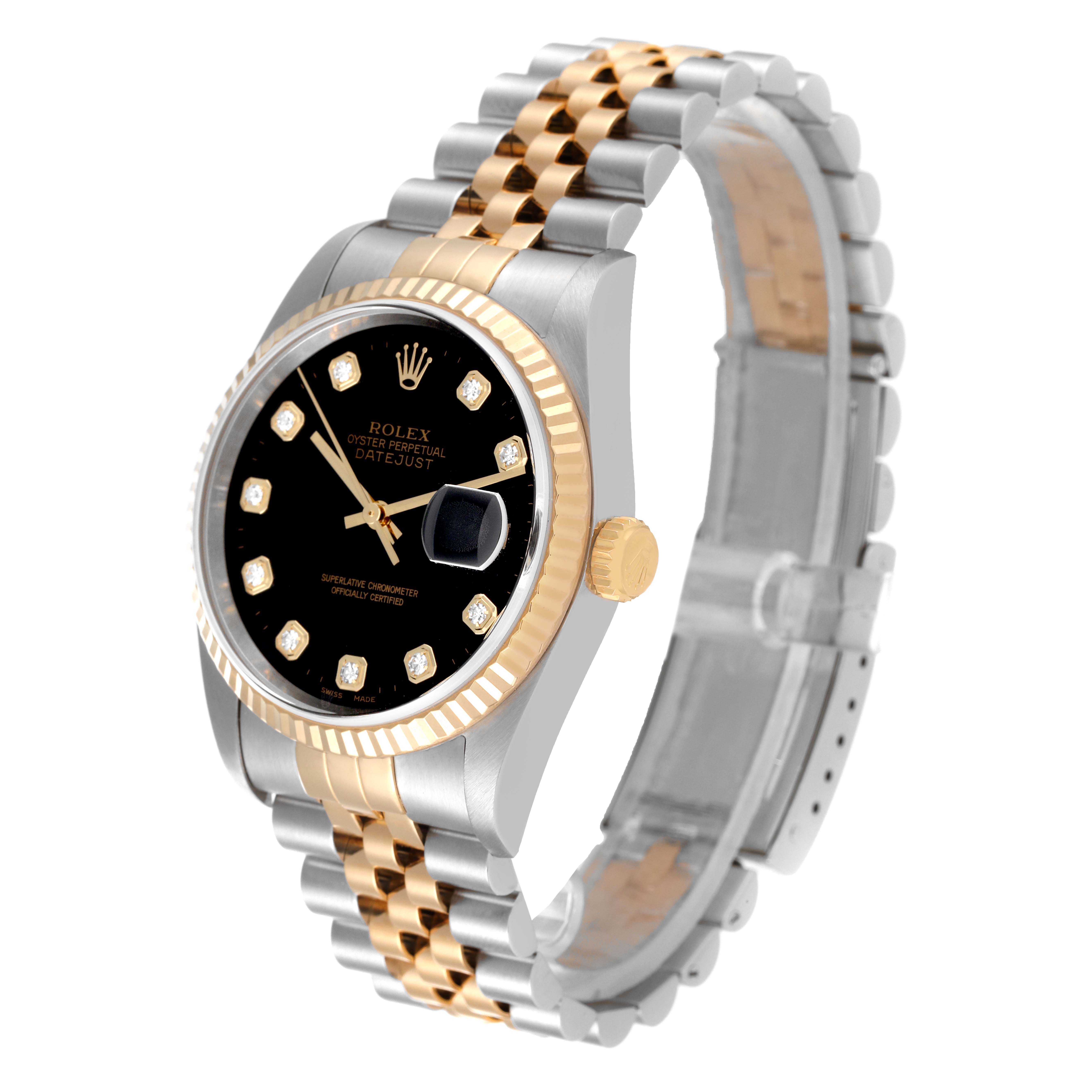 The Rolex Datejust 16233 Men's Steel and Gold (two tone) Black Dial 16233 Men's Steel and Gold (two tone) Black Dial watch is shown at a 3 o'clock angle, highlighting the dial, bezel, crown, and two-tone bracelet.