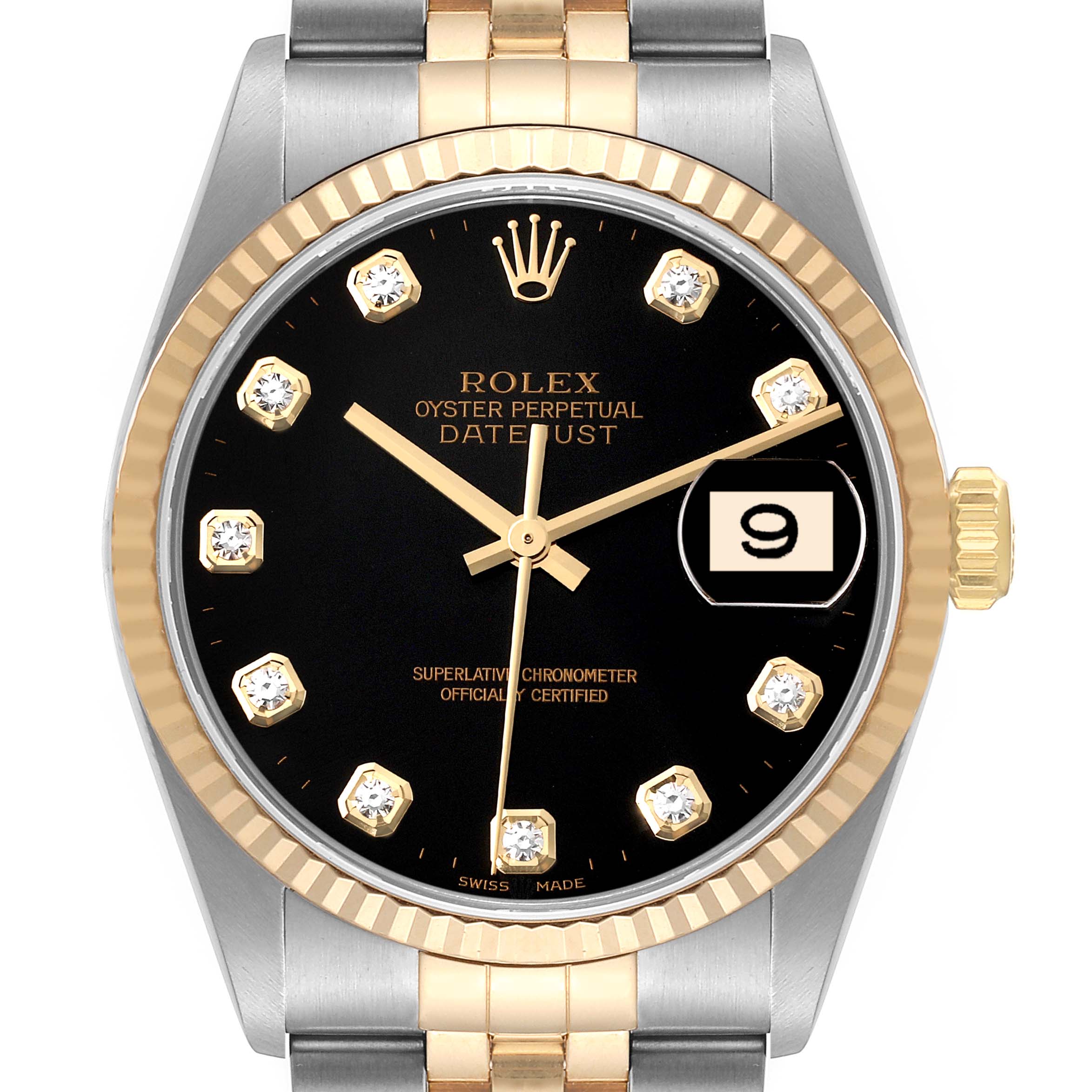 The image shows a front angle of a Rolex Datejust 16233 Men's Steel and Gold (two tone) Black Dial 16233 Men's Steel and Gold (two tone) Black Dial watch, highlighting the face, dial, crown, and part of the bracelet.