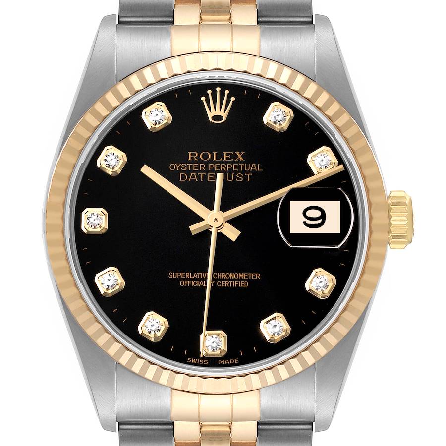 Rolex Datejust Steel Yellow Gold Black Diamond Dial Mens Watch 16233 SwissWatchExpo