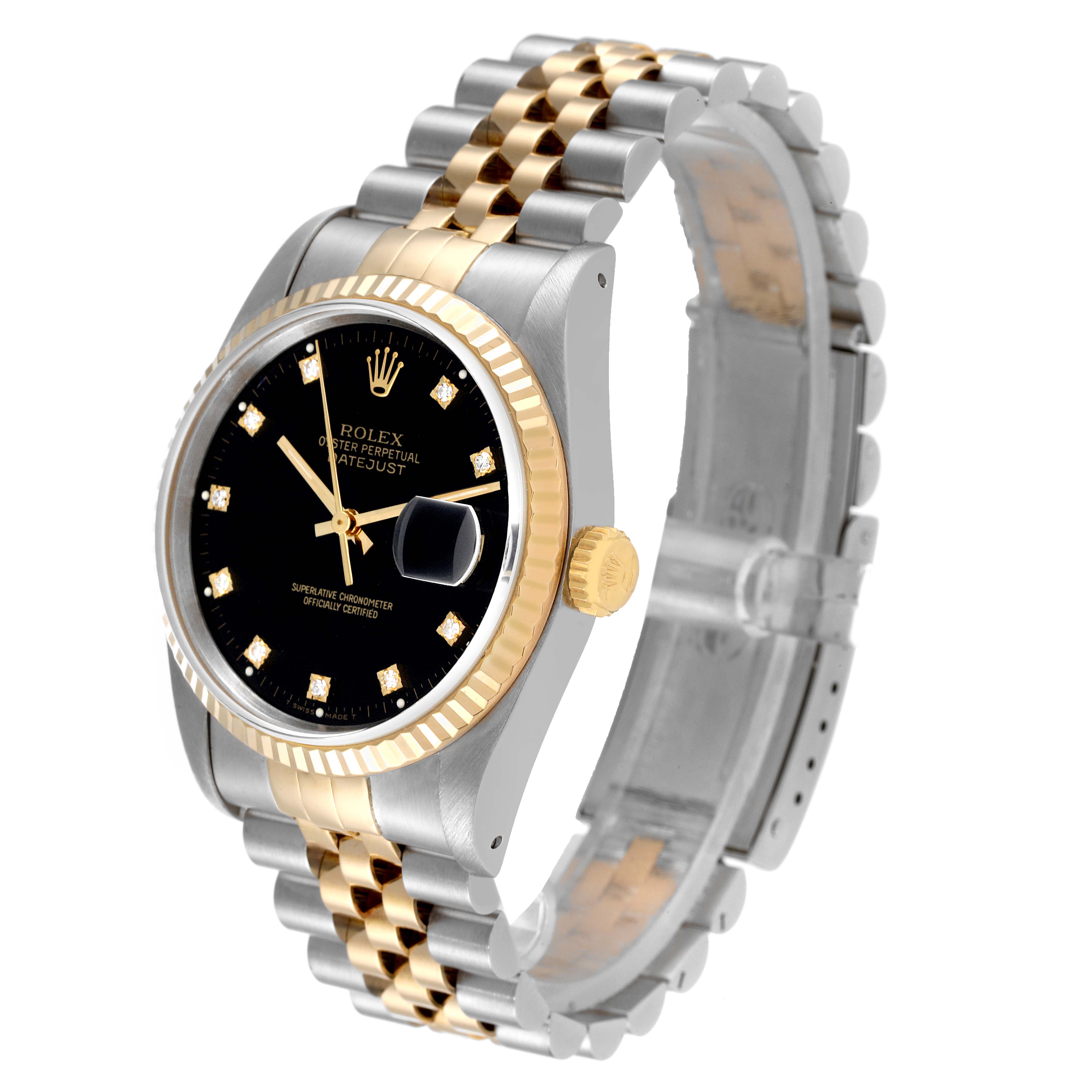 This image shows a Rolex Datejust 16233 Men's Steel and Gold (two tone) Black Dial 16233 Men's Steel and Gold (two tone) Black Dial watch at a three-quarter angle, highlighting its two-tone bracelet, black dial, and fluted bezel.