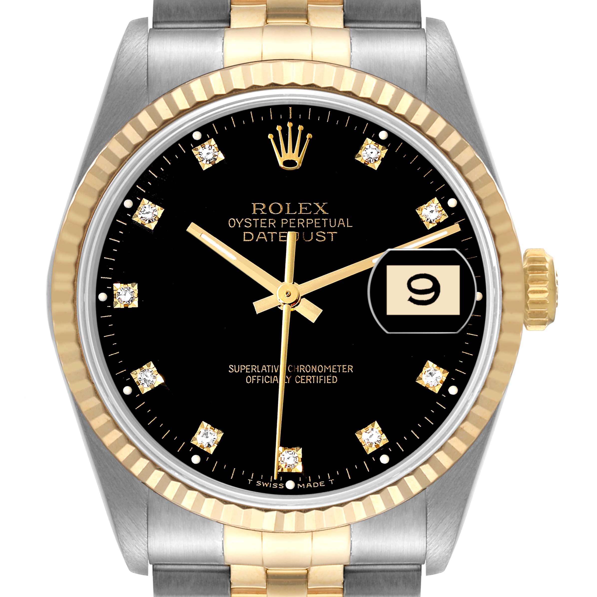 This is a front view of a Rolex Datejust 16233 Men's Steel and Gold (two tone) Black Dial 16233 Men's Steel and Gold (two tone) Black Dial watch, showing the black dial, diamond hour markers, date window, and bi-metal bracelet.