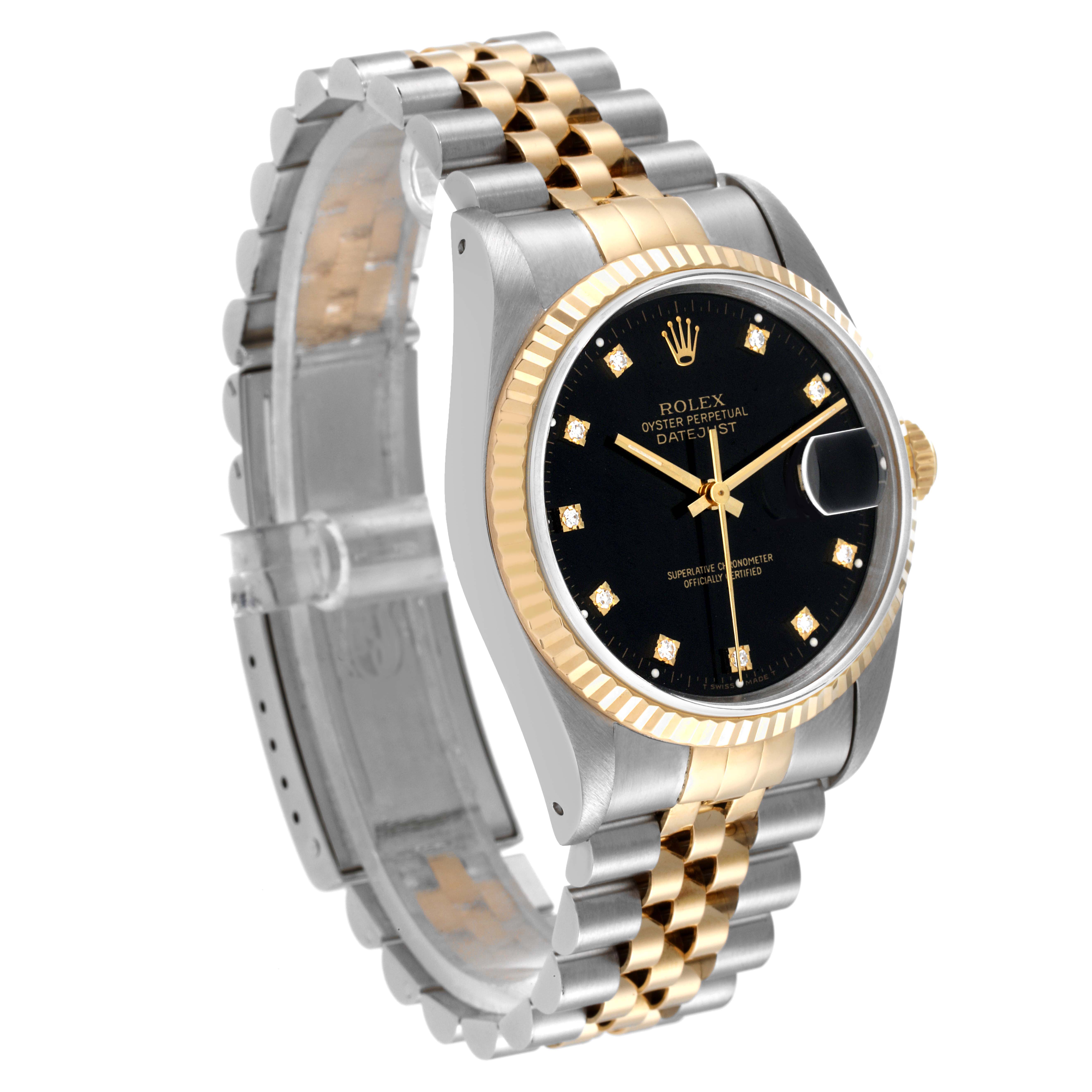 The Rolex Datejust 16233 Men's Steel and Gold (two tone) Black Dial 16233 Men's Steel and Gold (two tone) Black Dial model watch is shown at an angled side view, showcasing its black dial and two-tone bracelet.