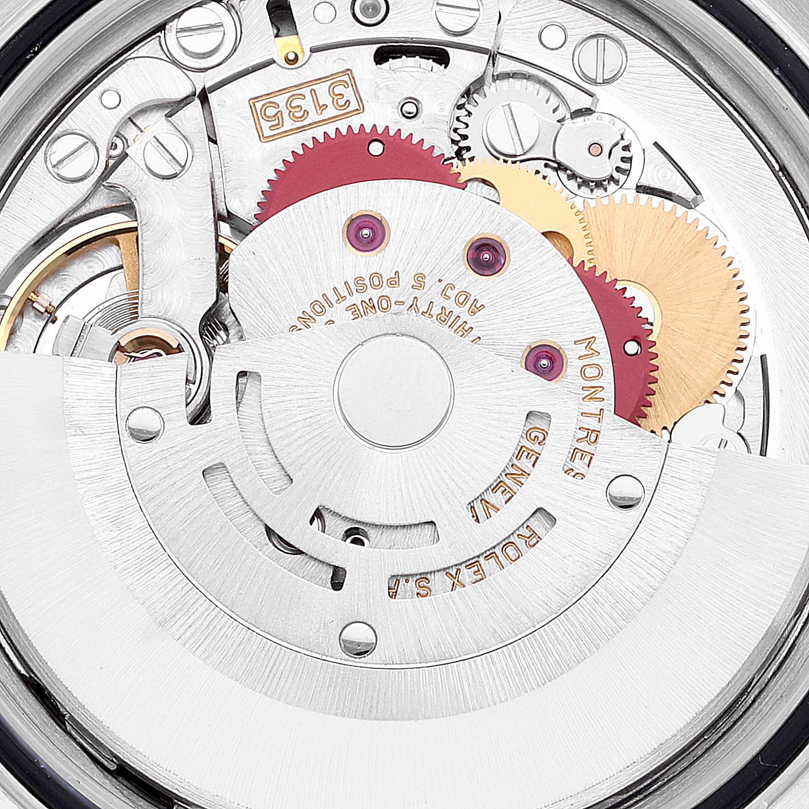 The image shows the movement mechanism of a Rolex Datejust 16233 Men's Steel and Gold (two tone) Black Dial 16233 Men's Steel and Gold (two tone) Black Dial watch from an overhead angle.