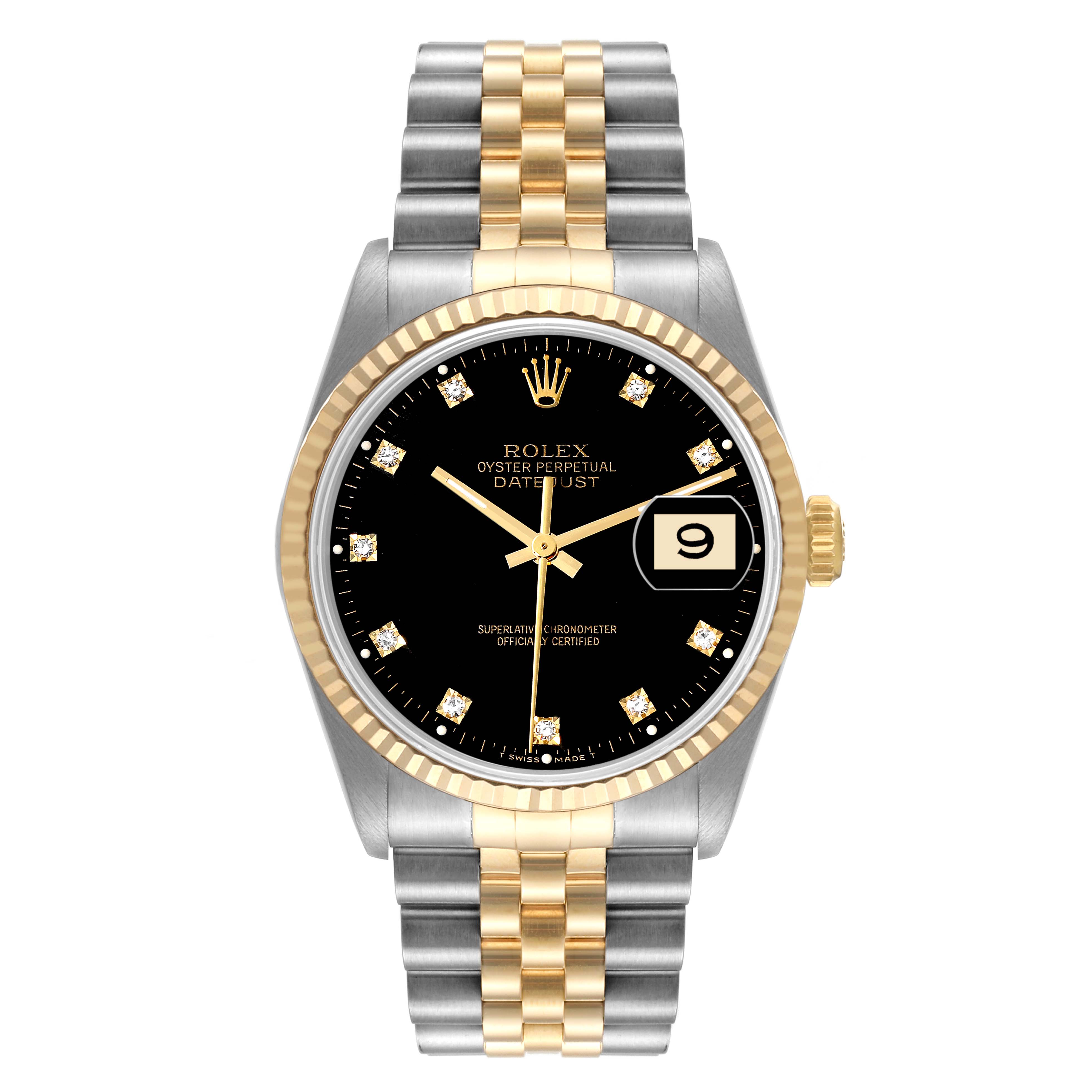 The image shows a front view of a Rolex Datejust 16233 Men's Steel and Gold (two tone) Black Dial 16233 Men's Steel and Gold (two tone) Black Dial watch, featuring the face, bezel, crown, and part of the bracelet.
