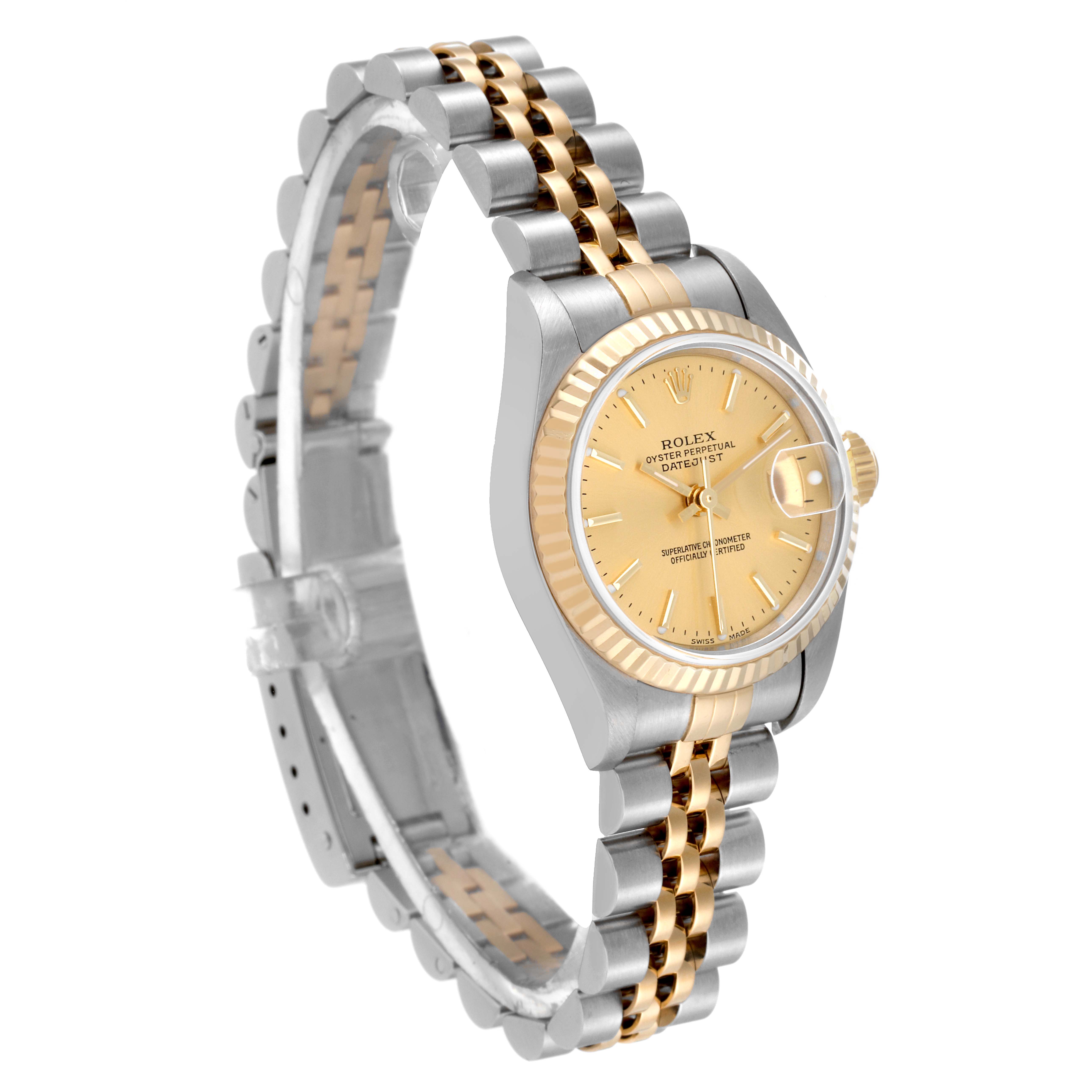 The image shows a side angle of a Rolex Datejust 79173 Women's Steel and Gold (two tone) Champagne Dial 79173 Women's Steel and Gold (two tone) Champagne Dial watch, highlighting its dial, bezel, case, and two-tone bracelet.