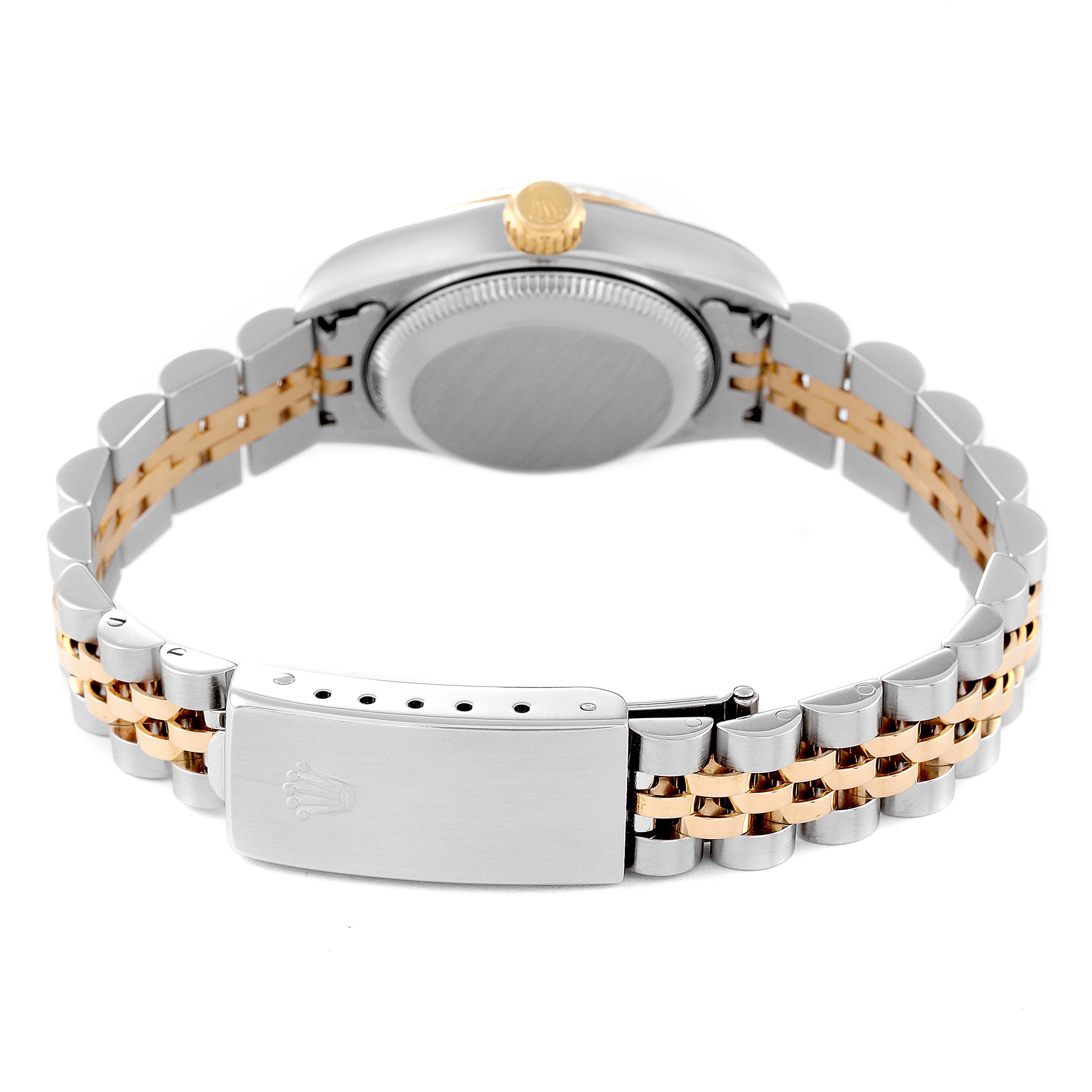 The image shows the back of a Rolex Datejust 79173 Women's Steel and Gold (two tone) Champagne Dial 79173 Women's Steel and Gold (two tone) Champagne Dial watch, highlighting its two-tone bracelet and clasp.
