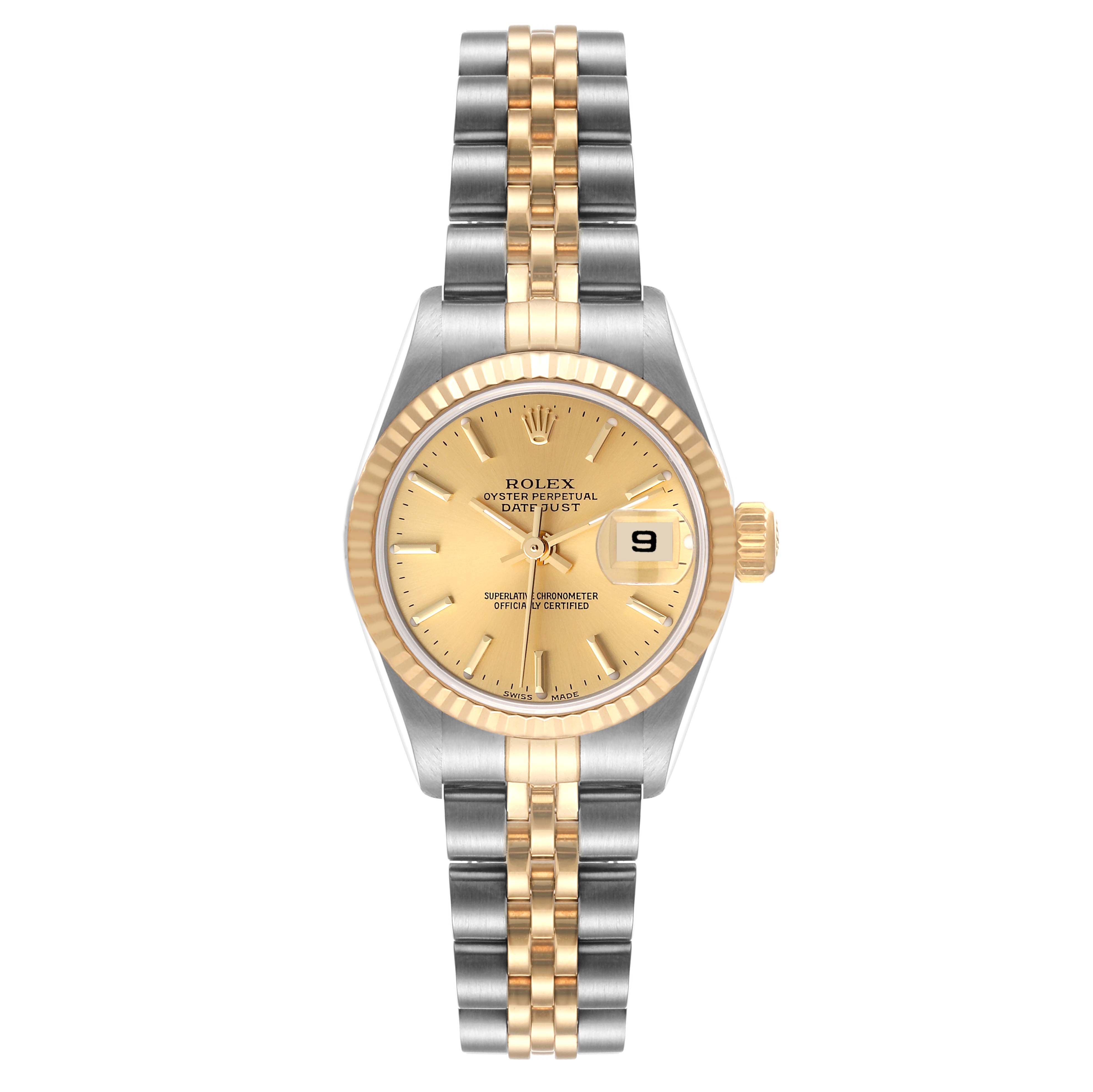 This image shows a Rolex Datejust 79173 Women's Steel and Gold (two tone) Champagne Dial 79173 Women's Steel and Gold (two tone) Champagne Dial watch from the front, highlighting its gold and silver bracelet, fluted bezel, and date display.