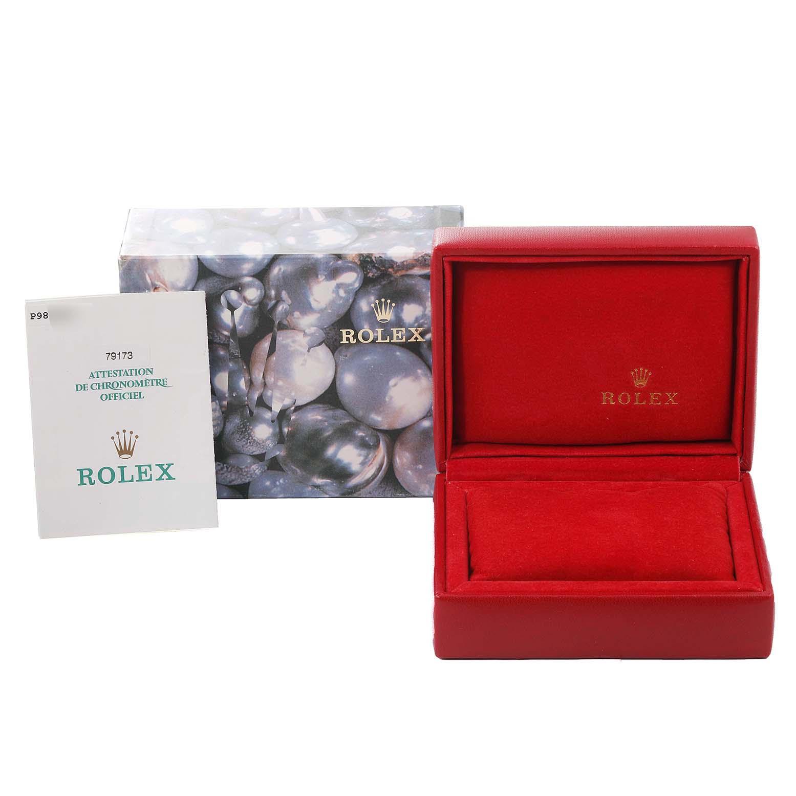 This image shows an empty Rolex Datejust 79173 Women's Steel and Gold (two tone) Champagne Dial 79173 Women's Steel and Gold (two tone) Champagne Dial watch box, outer box, and official chronometer certification.