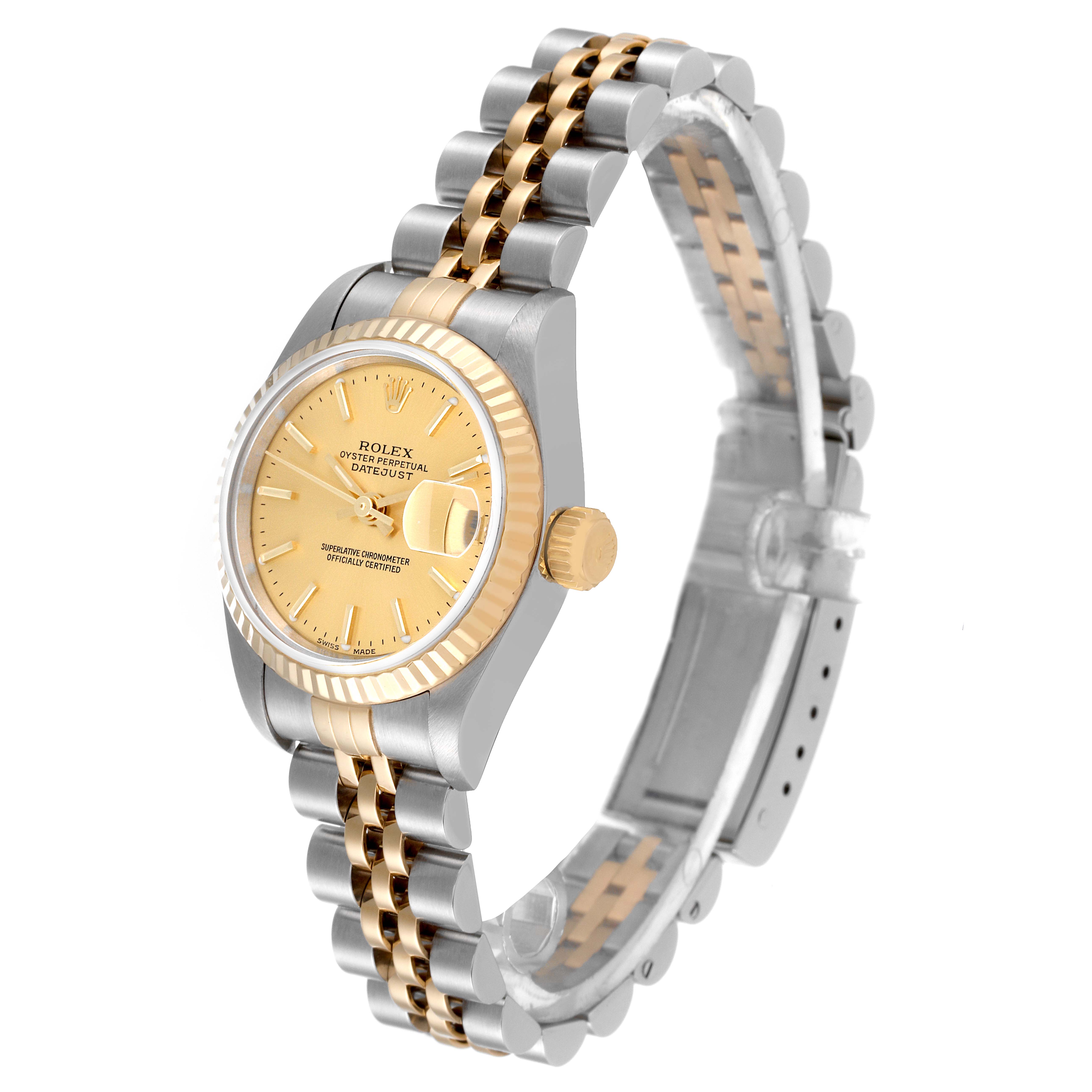 The image shows the Rolex Datejust 79173 Women's Steel and Gold (two tone) Champagne Dial 79173 Women's Steel and Gold (two tone) Champagne Dial watch from a left-angle view, highlighting its dial, crown, case, and bracelet.