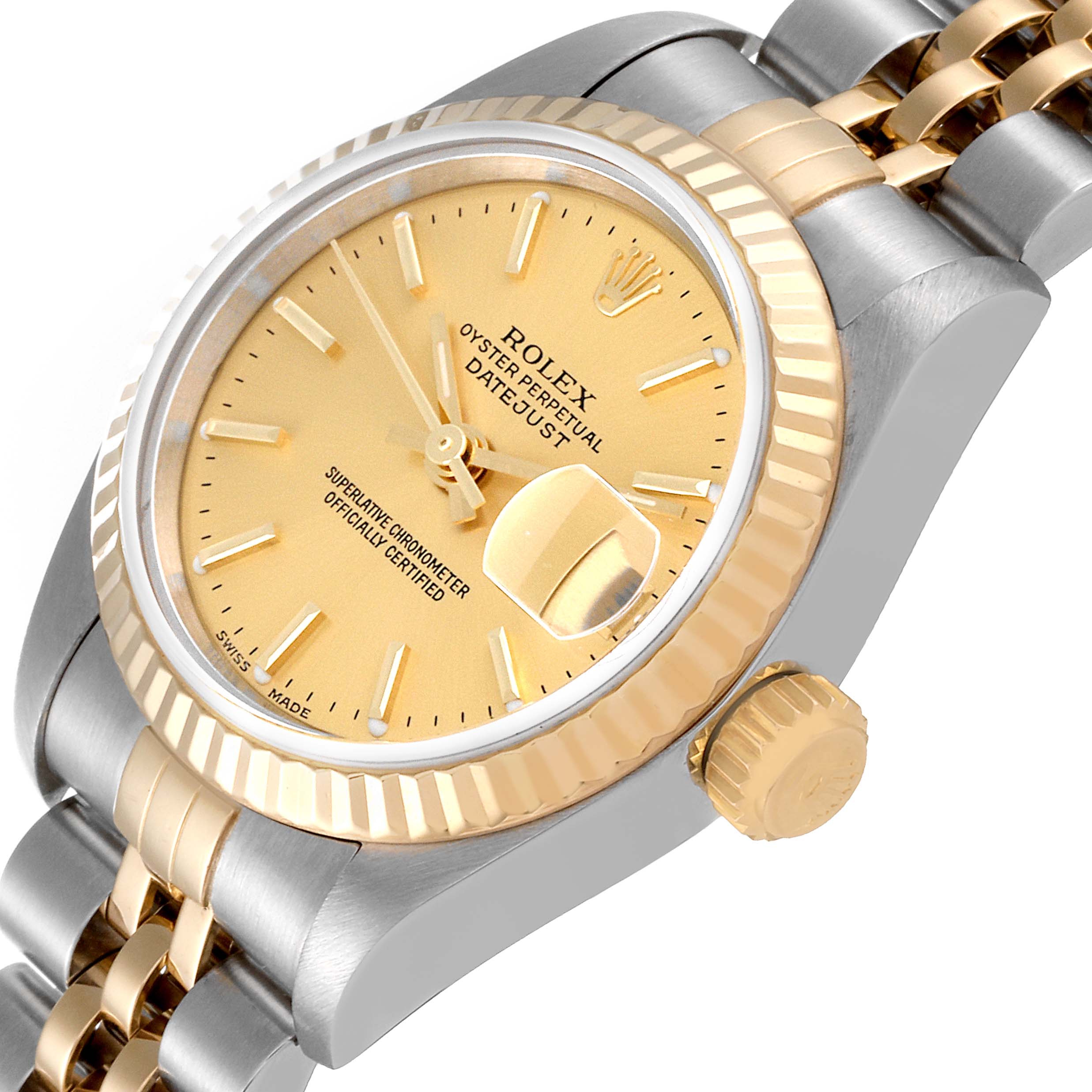 The image shows a close-up angle of the Rolex Datejust 79173 Women's Steel and Gold (two tone) Champagne Dial 79173 Women's Steel and Gold (two tone) Champagne Dial watch, highlighting the dial, bezel, and a portion of the bracelet and crown.
