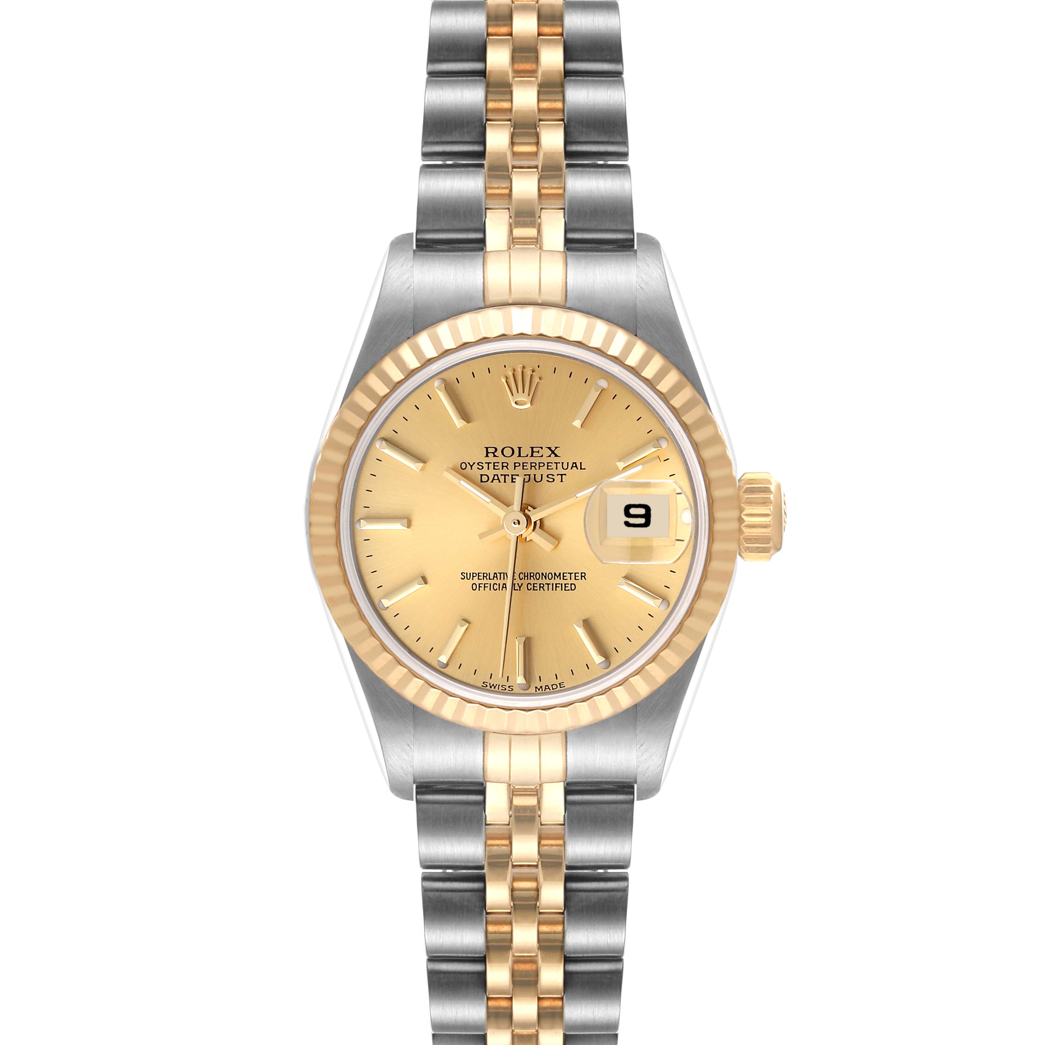 The image shows a front view of a Rolex Datejust 79173 Women's Steel and Gold (two tone) Champagne Dial 79173 Women's Steel and Gold (two tone) Champagne Dial watch, highlighting the dial, bezel, and two-tone bracelet.