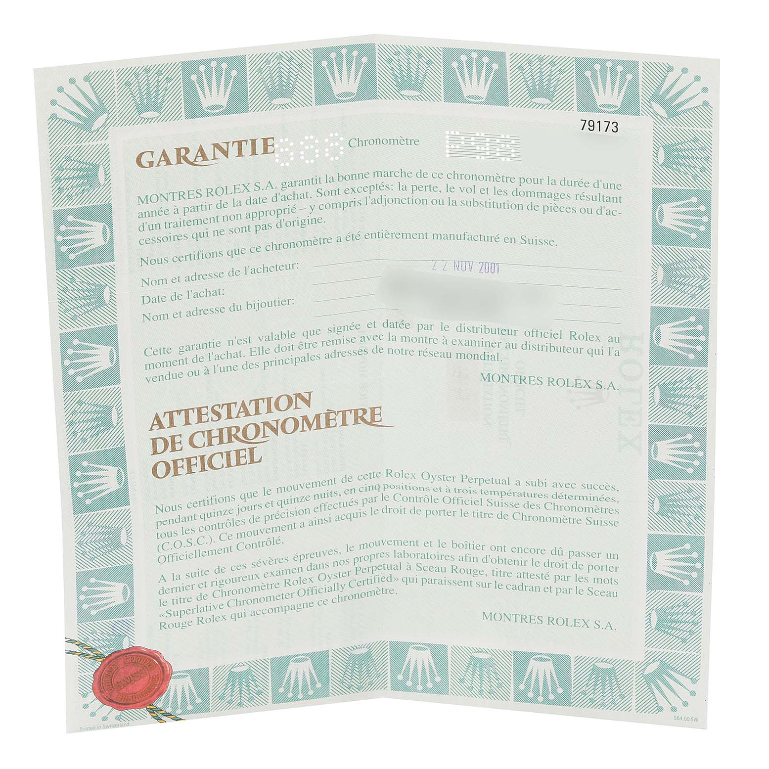 The image shows the warranty card for a Rolex Datejust 79173 Women's Steel and Gold (two tone) Champagne Dial 79173 Women's Steel and Gold (two tone) Champagne Dial watch, displayed unfolded with details and official seals visible.