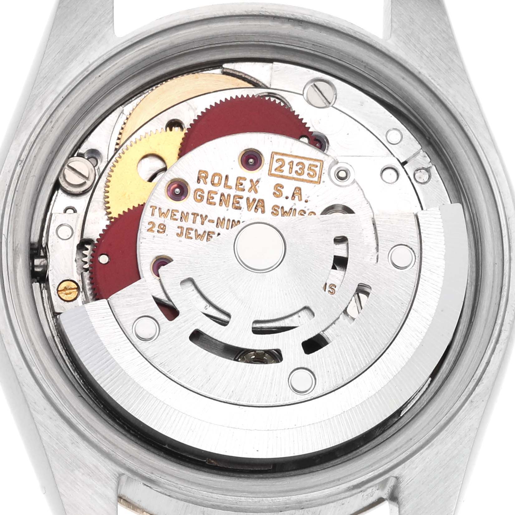 The image shows the movement mechanism of a Rolex Datejust 69173 Women's Steel and Gold (two tone) Champagne Dial 69173 Women's Steel and Gold (two tone) Champagne Dial from the back, displaying gears and intricate components.