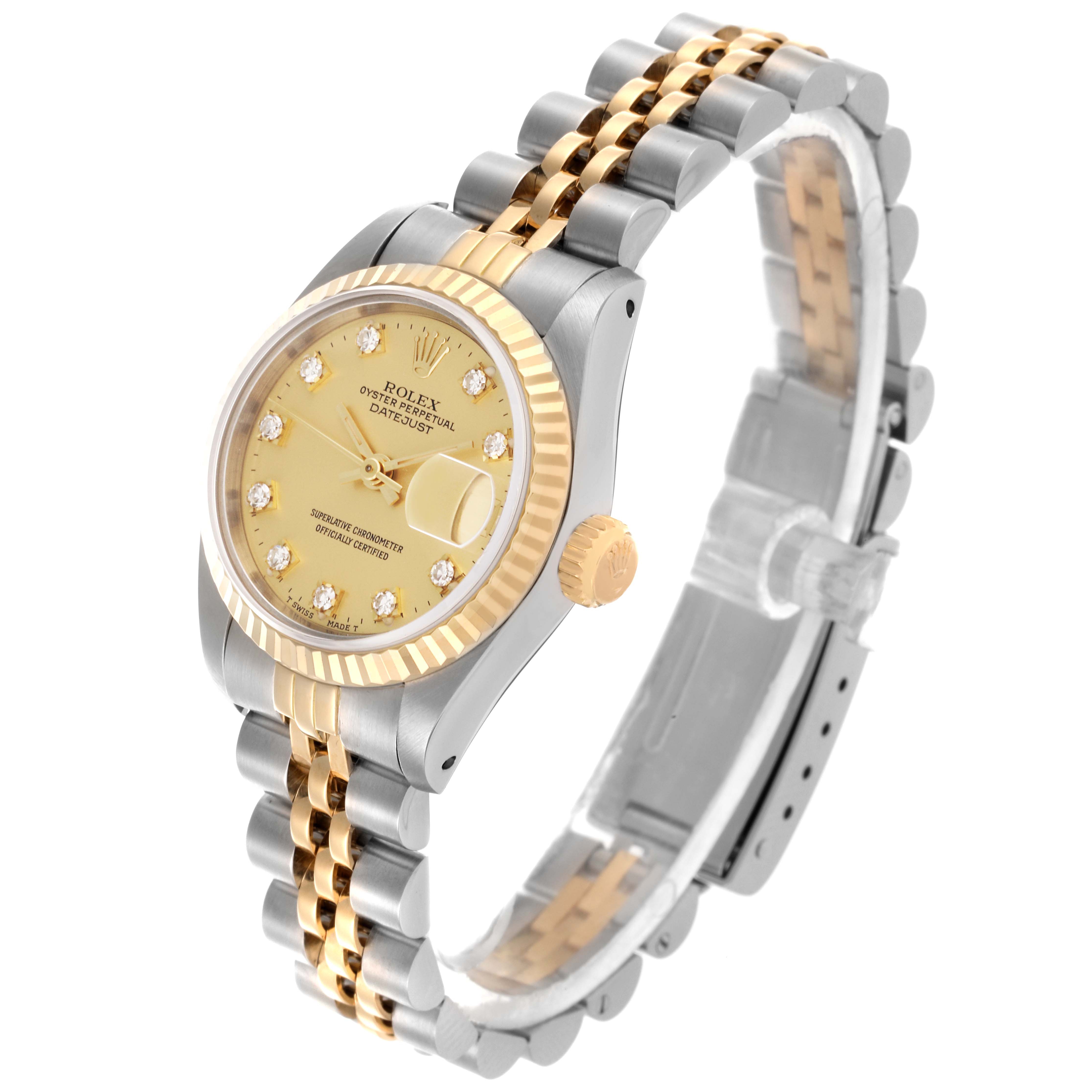 The Rolex Datejust 69173 Women's Steel and Gold (two tone) Champagne Dial 69173 Women's Steel and Gold (two tone) Champagne Dial watch is shown at a three-quarter angle, highlighting the face, bezel, crown, and bracelet.