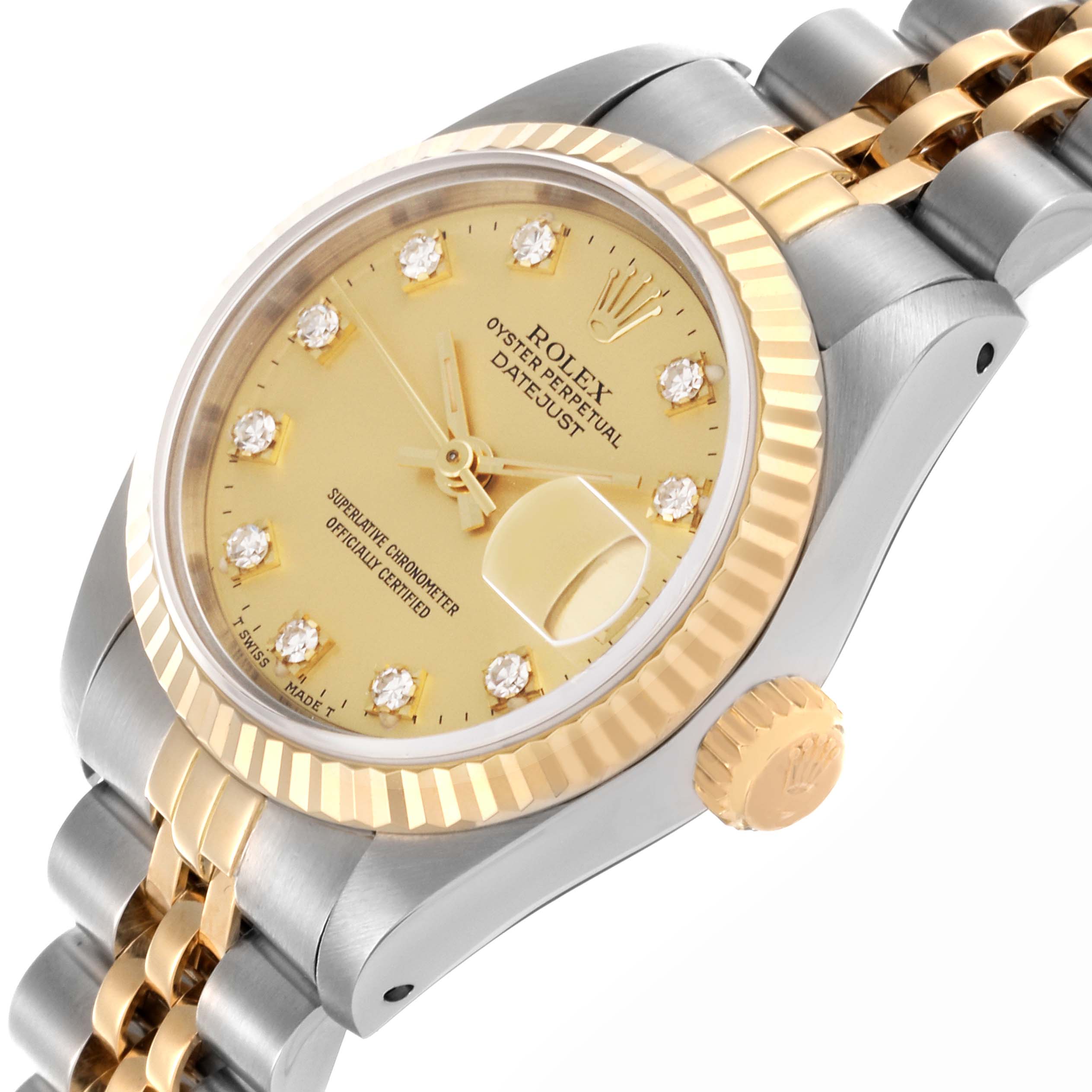 The Rolex Datejust 69173 Women's Steel and Gold (two tone) Champagne Dial 69173 Women's Steel and Gold (two tone) Champagne Dial watch is shown at a slight angle, highlighting the dial, bezel, crown, and part of the bracelet.