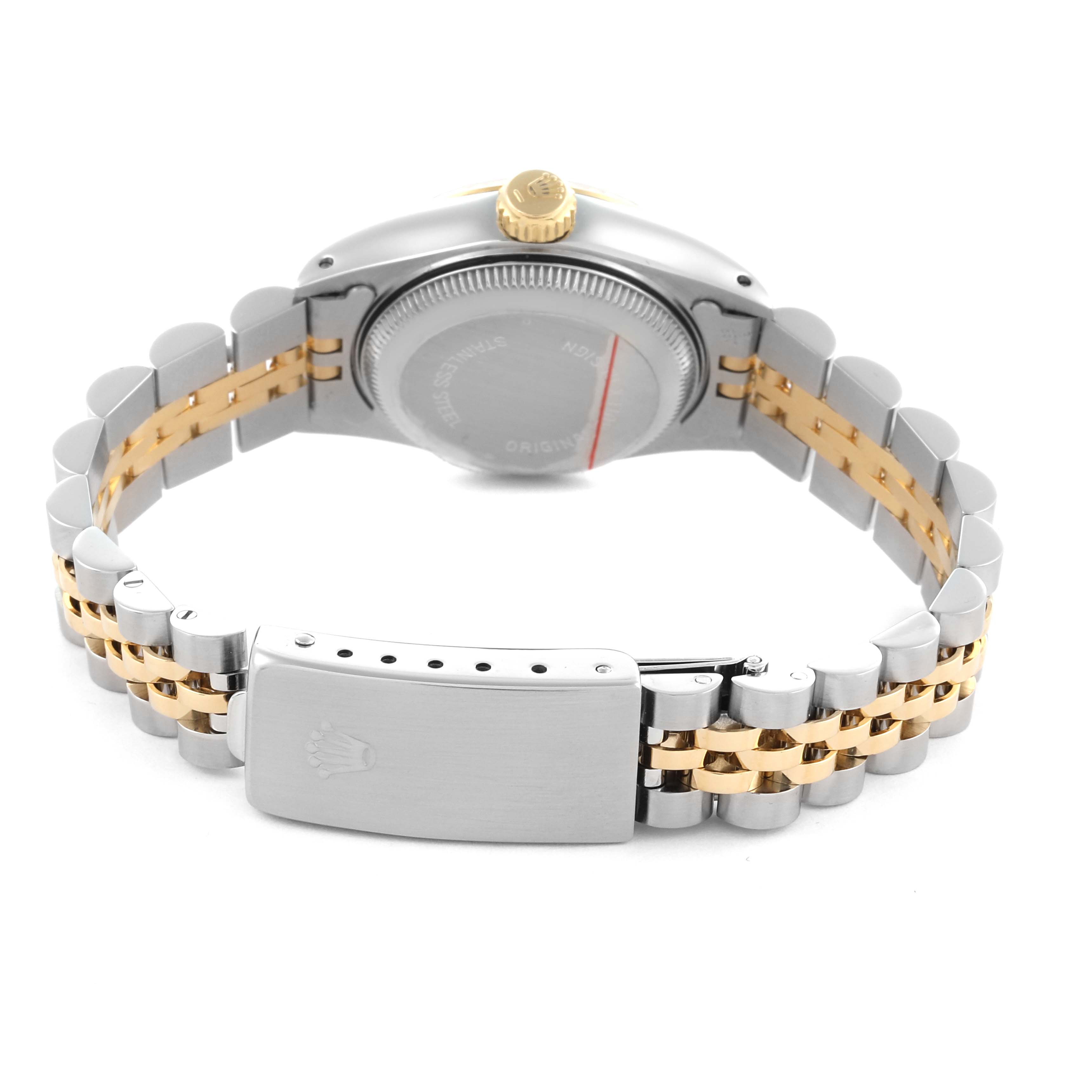 The Rolex Datejust 69173 Women's Steel and Gold (two tone) Champagne Dial 69173 Women's Steel and Gold (two tone) Champagne Dial is shown from the back, displaying the case back and jubilee bracelet with the clasp.