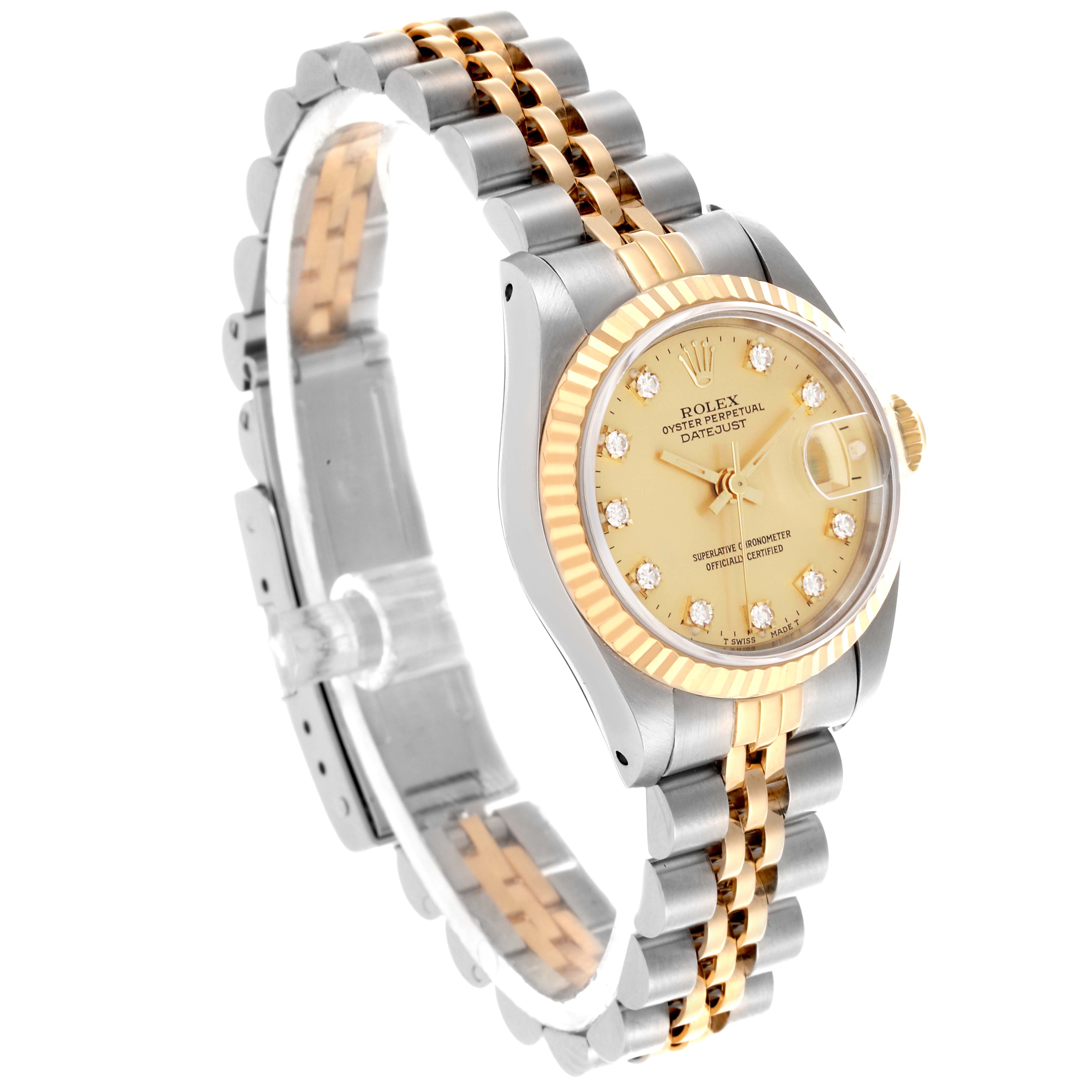 The image shows a Rolex Datejust 69173 Women's Steel and Gold (two tone) Champagne Dial 69173 Women's Steel and Gold (two tone) Champagne Dial watch at a three-quarter angle, highlighting the dial, bezel, and bracelet.