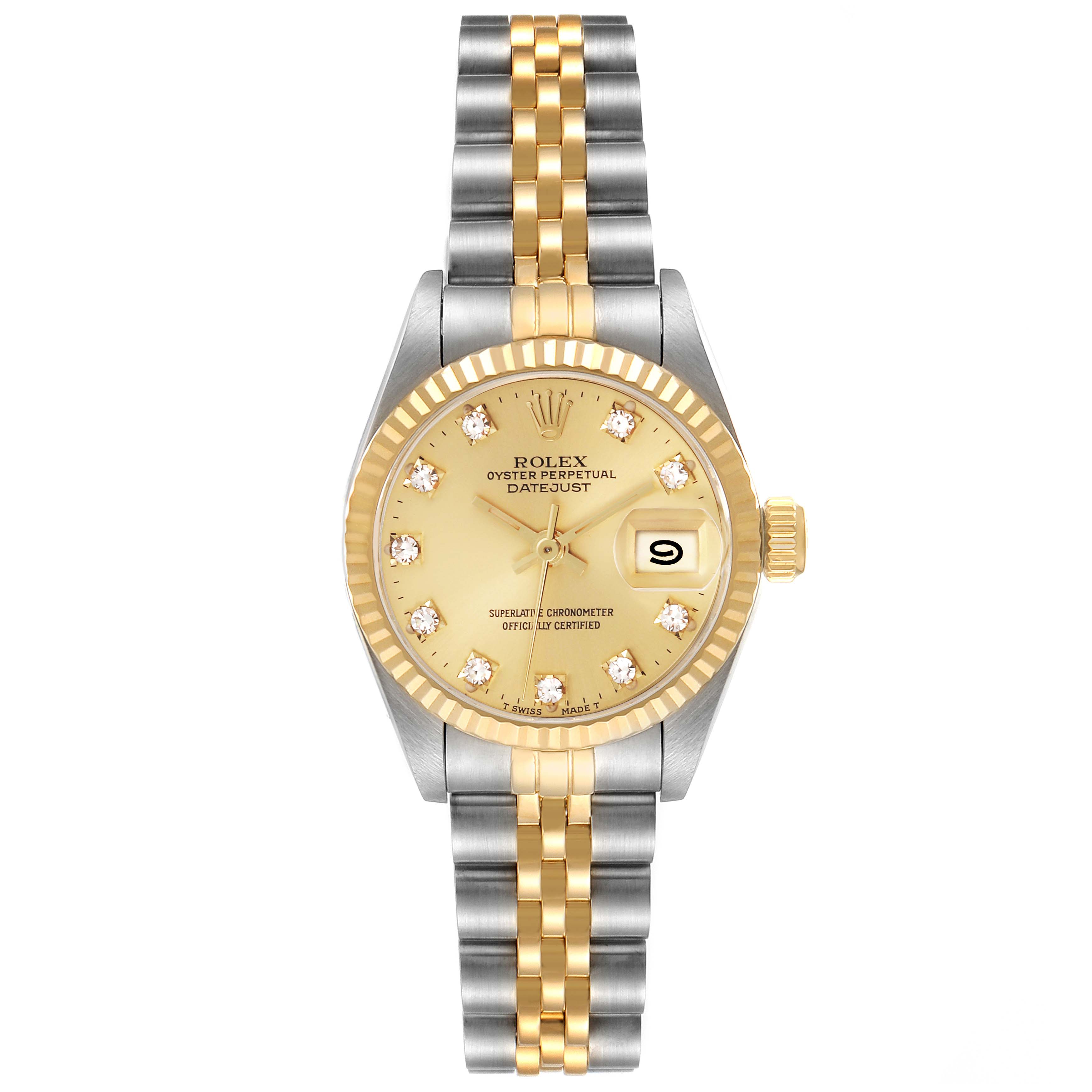 The Rolex Datejust 69173 Women's Steel and Gold (two tone) Champagne Dial 69173 Women's Steel and Gold (two tone) Champagne Dial watch is shown from a top-down angle, displaying its dial, bezel, and bracelet.