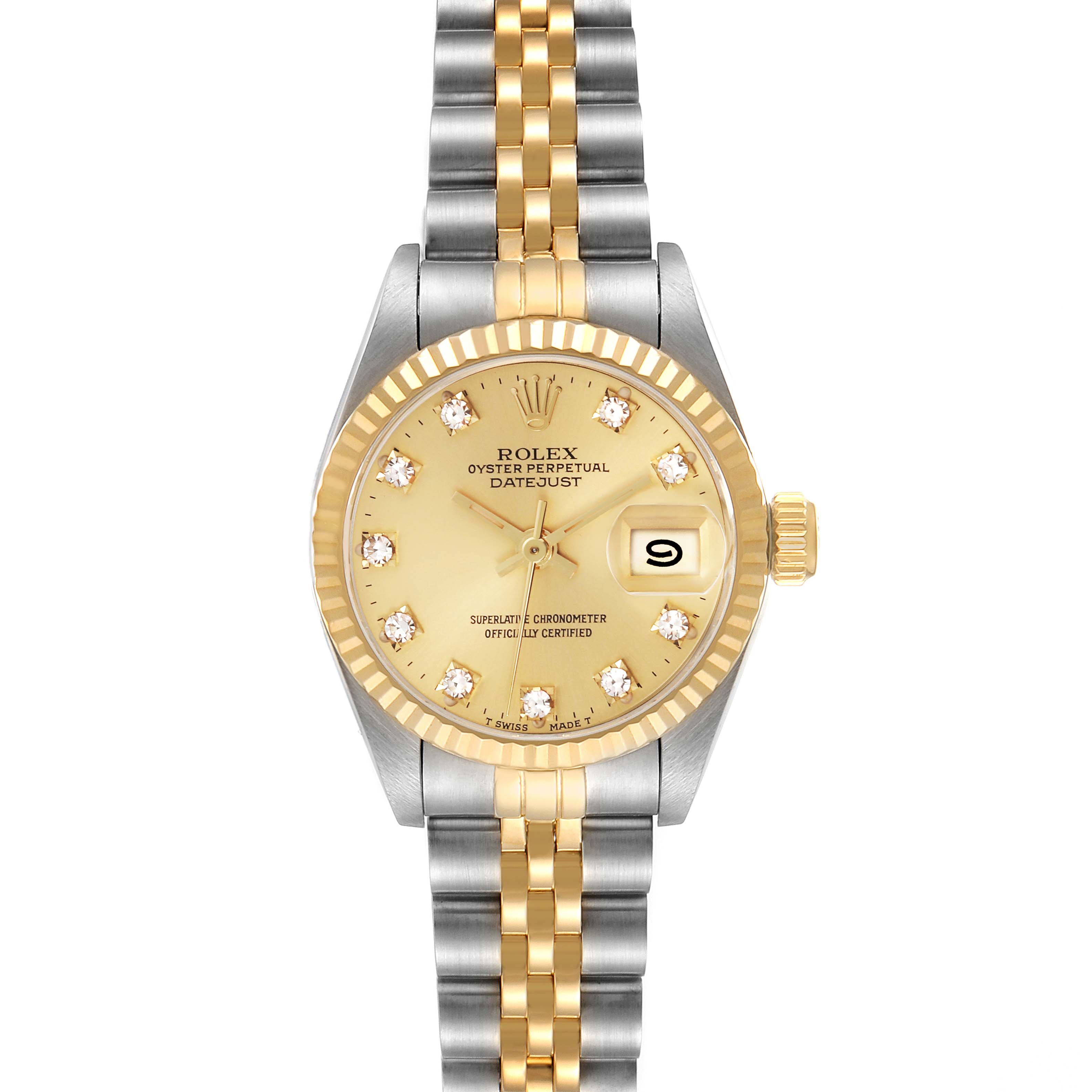 The Rolex Datejust 69173 Women's Steel and Gold (two tone) Champagne Dial 69173 Women's Steel and Gold (two tone) Champagne Dial watch is shown from a top view, displaying its dial, fluted bezel, and Jubilee bracelet.