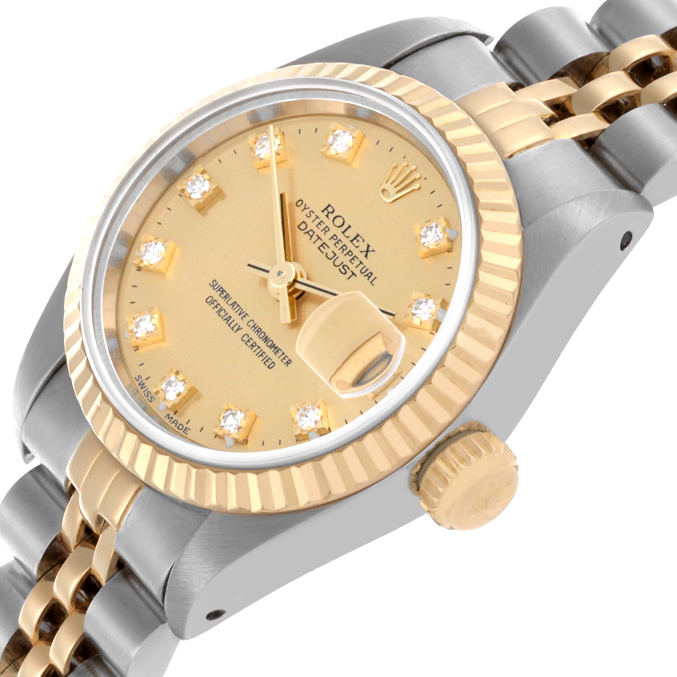The image shows a Rolex Datejust 69173 Women's Steel and Gold (two tone) Champagne Dial 69173 Women's Steel and Gold (two tone) Champagne Dial watch at an angled close-up, highlighting the bezel, crown, and bracelet.