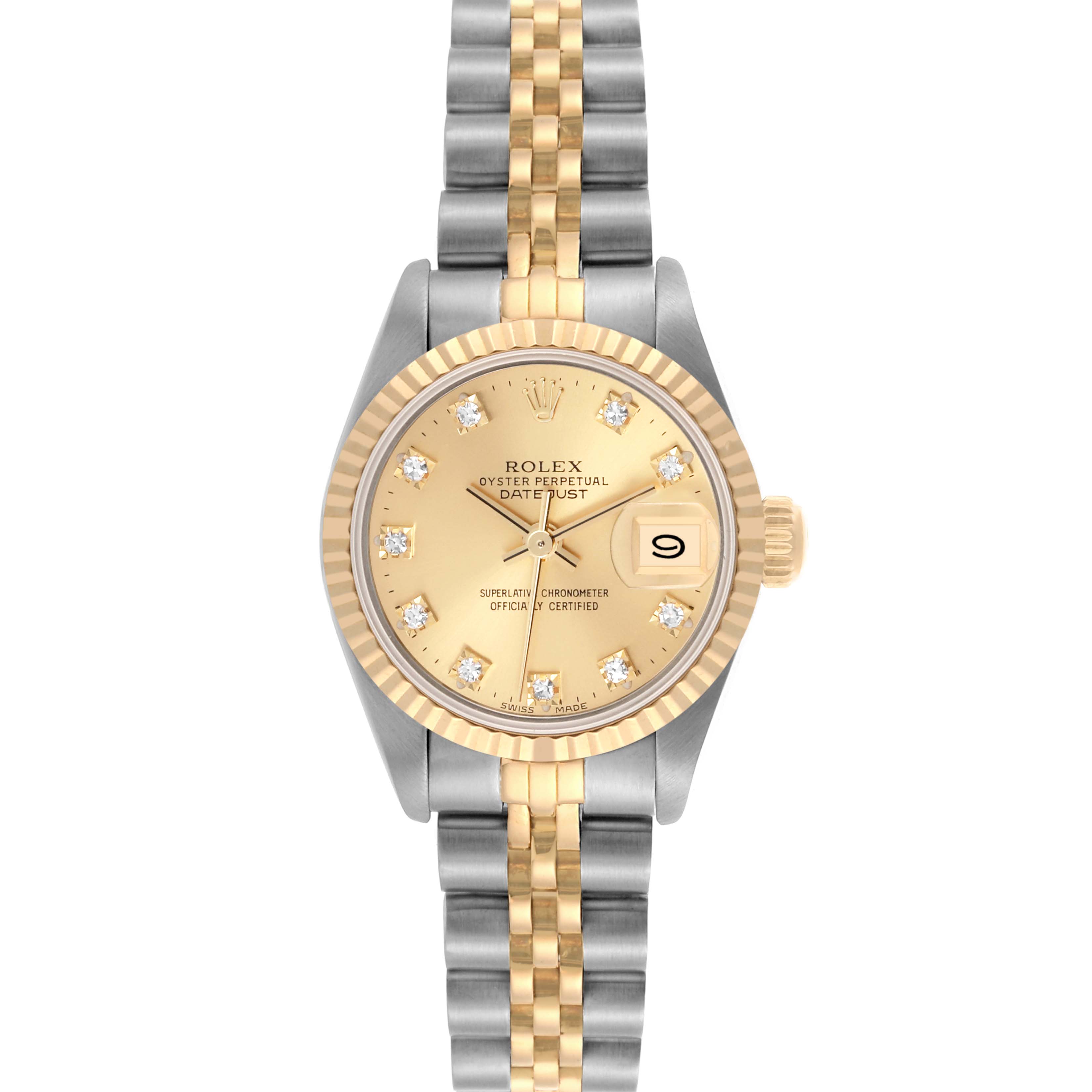 The Rolex Datejust 69173 Women's Steel and Gold (two tone) Champagne Dial 69173 Women's Steel and Gold (two tone) Champagne Dial watch is shown from the front, highlighting the face, bezel, and two-tone Jubilee bracelet.